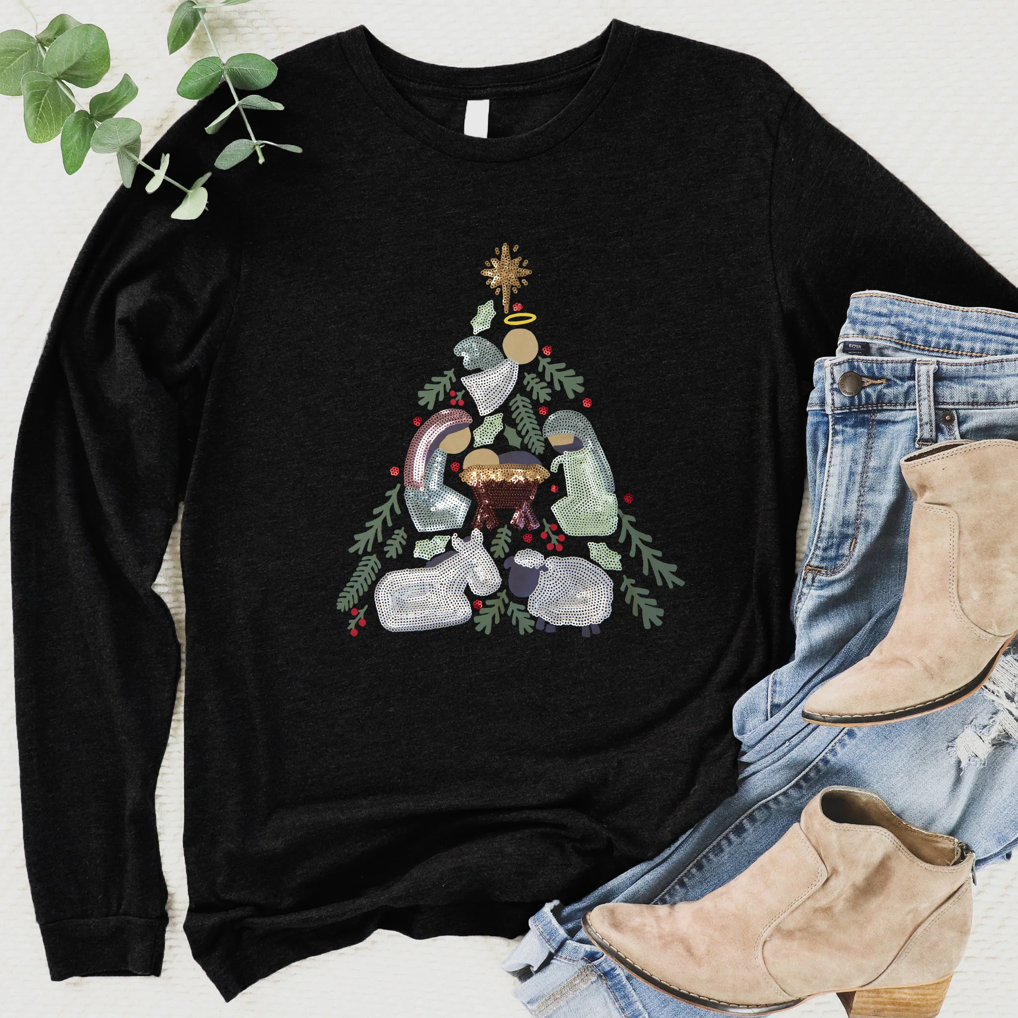 Nativity Tree Long Sleeve Sequin Tee