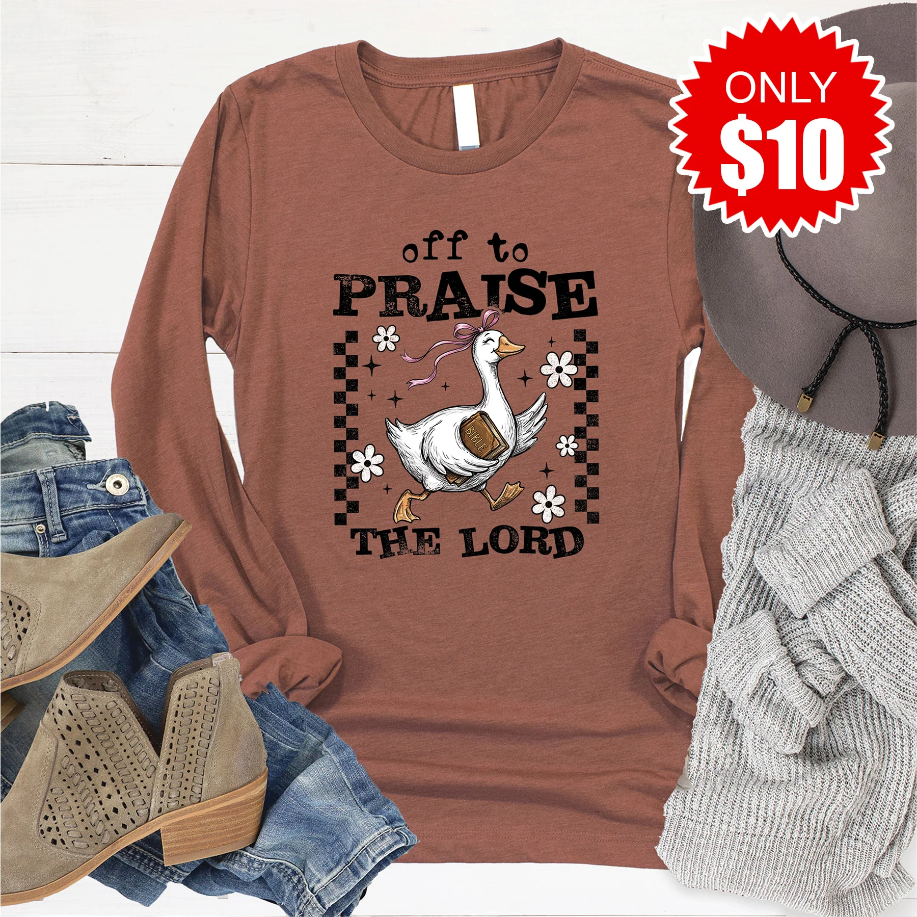 Off To Praise The Lord Long Sleeve - Heather Chestnut - 10