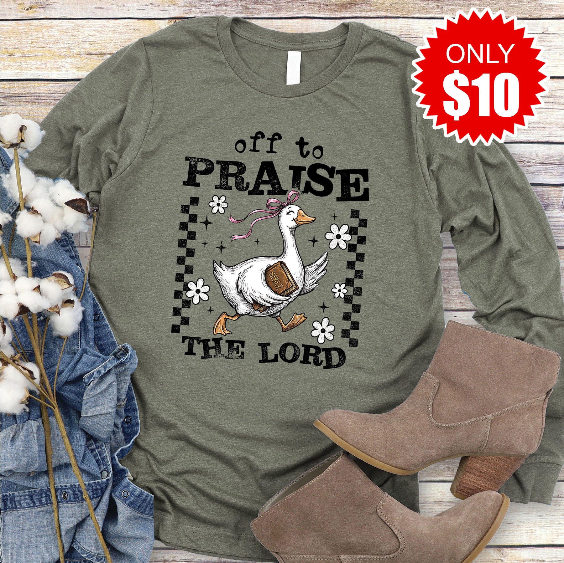 Off To Praise The Lord Long Sleeve - Heather Olive - 10