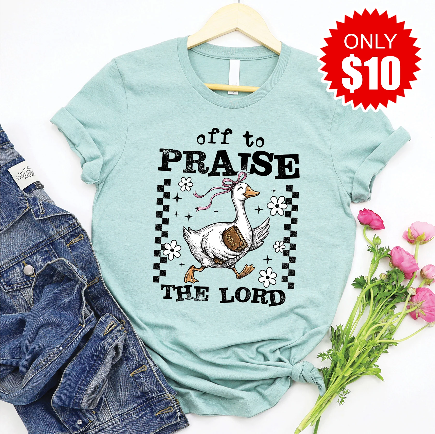 Off To Praise The Lord Tee - Heather Dusty Blue - 10