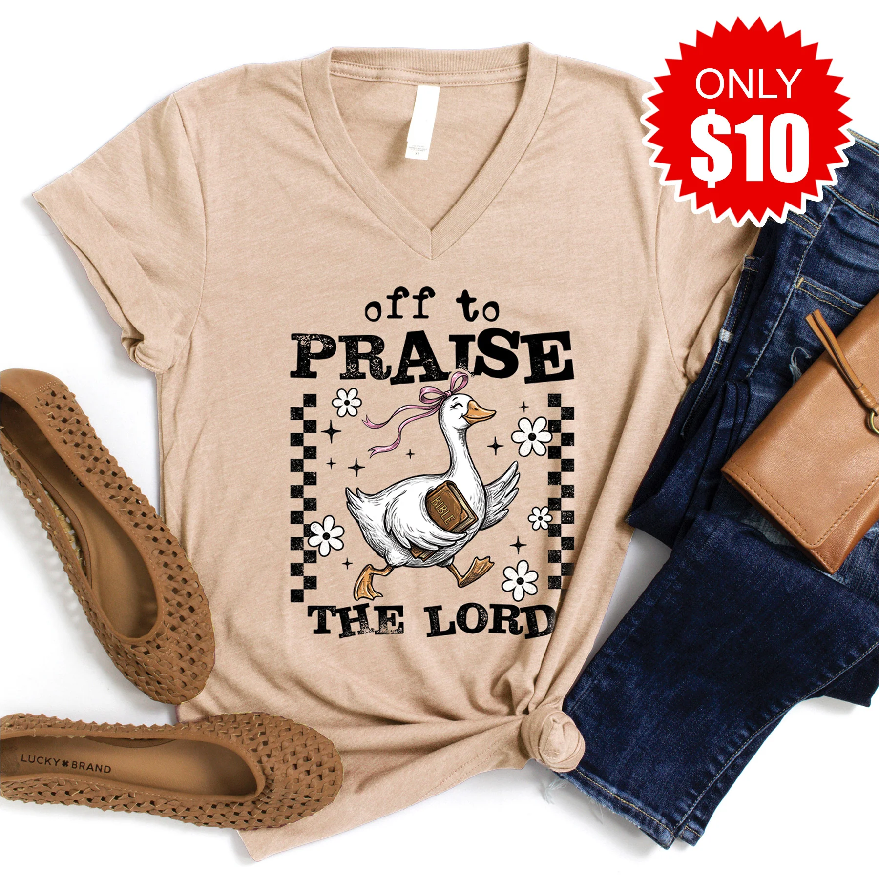 Off To Praise The Lord V-Neck - Heather Sand Dune - 10