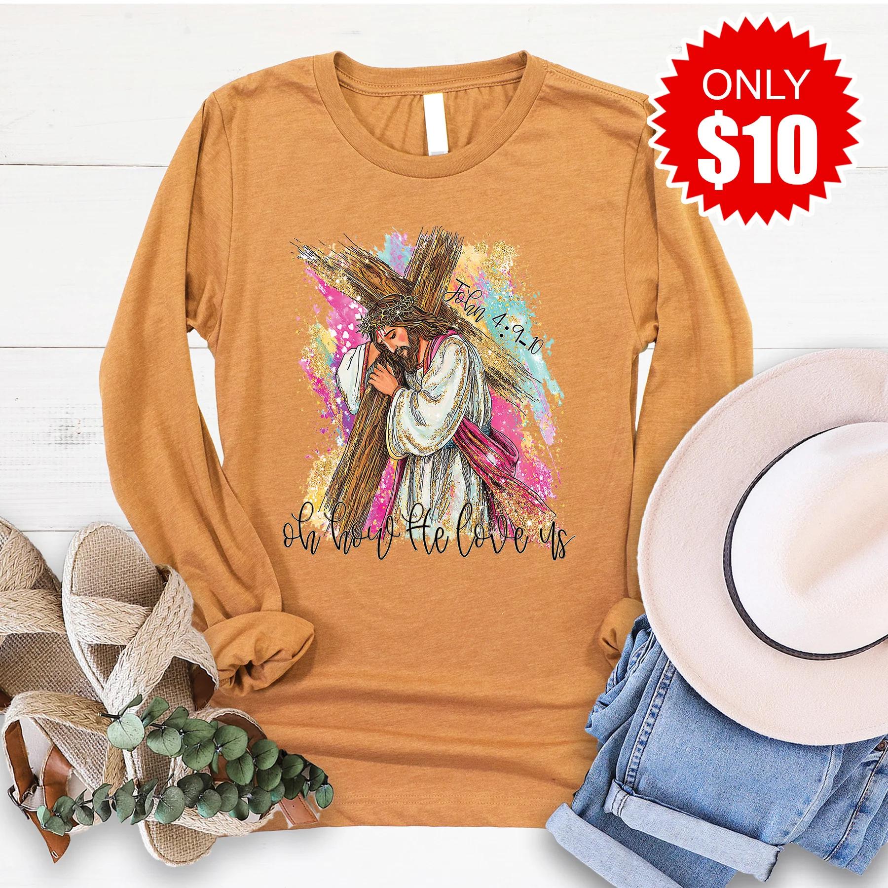 Oh How He Love Us Long Sleeve - Heather Toast - 10