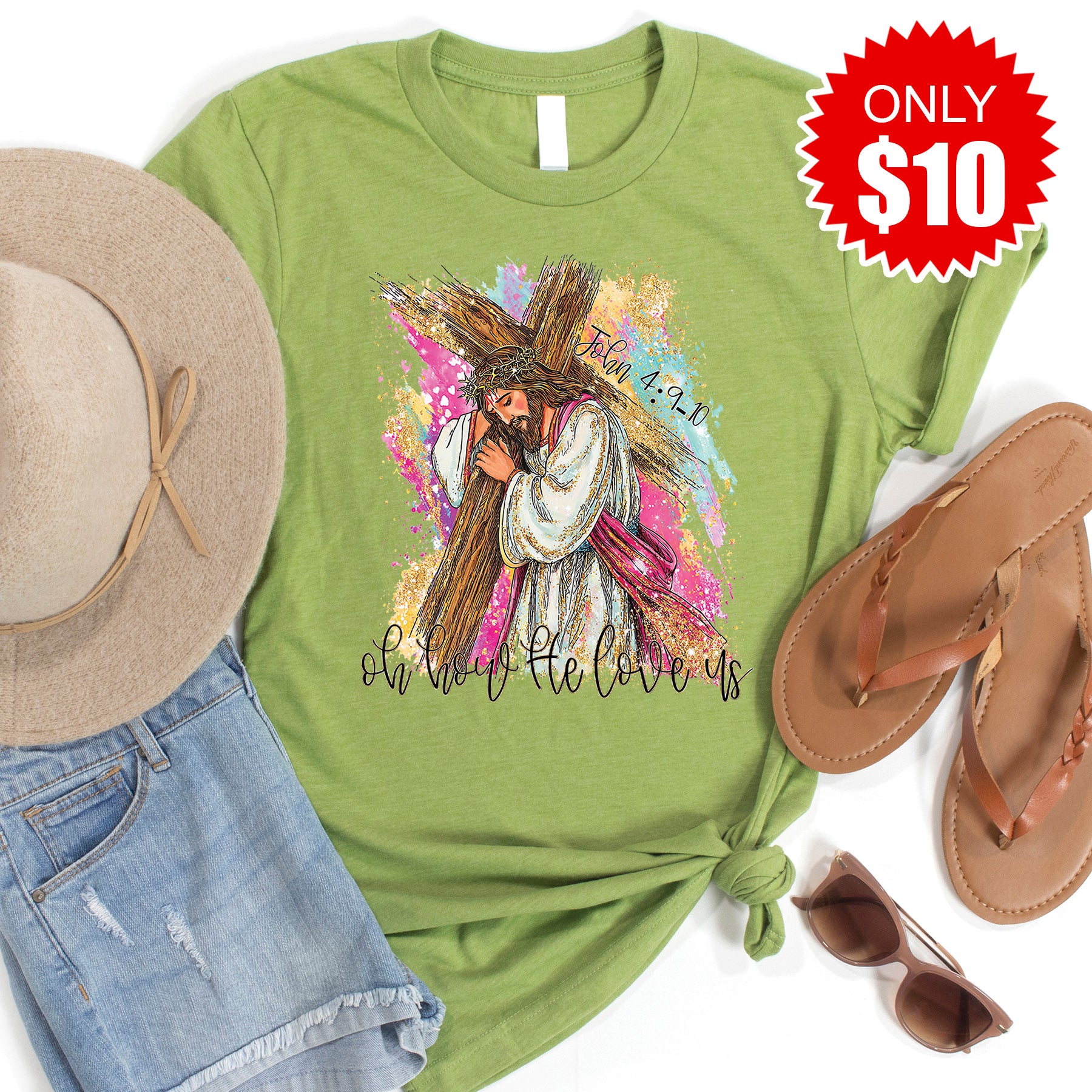 Oh How He Love Us Tee - Heather Green - 10