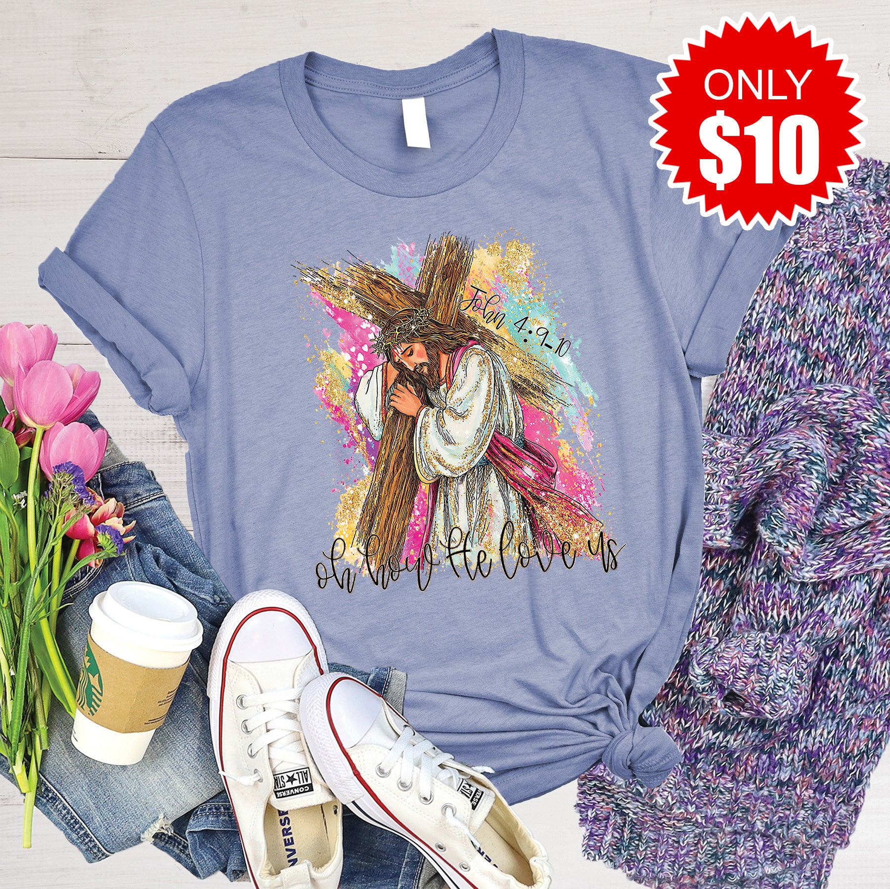 Oh How He Love Us Tee - Heather Lavender Blue - 10