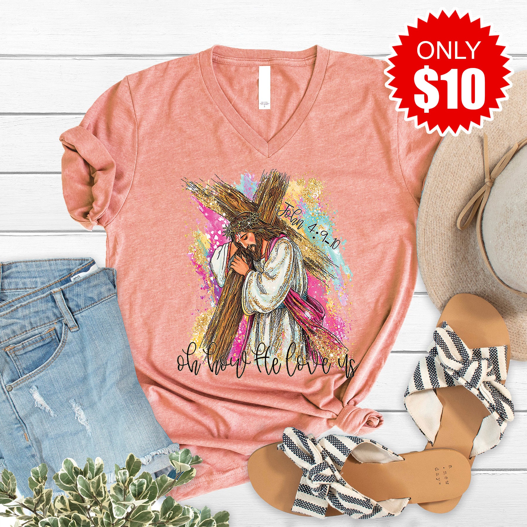 Oh How He Love Us V-Neck - Heather Sunset - 10