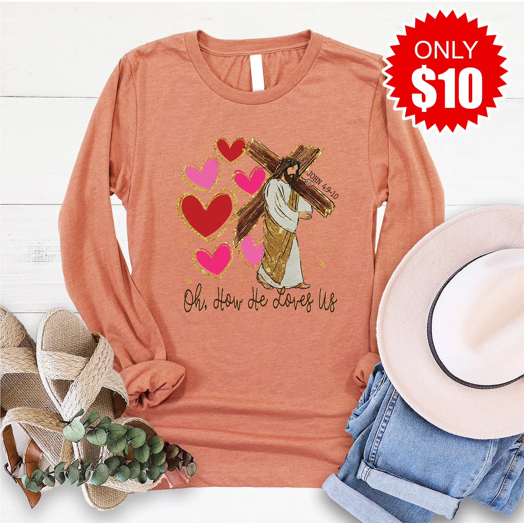 Oh How He Loves Us Long Sleeve - Heather Terracotta - 10