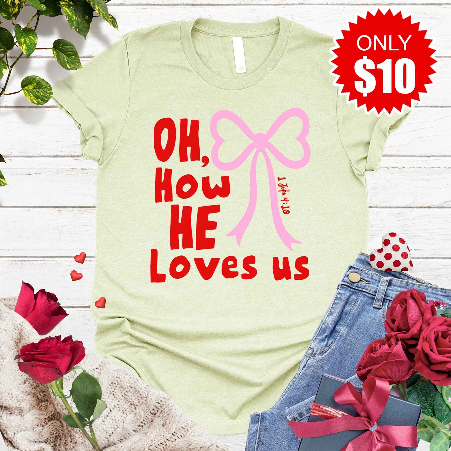 Oh How He Loves Us Tee - Heather Light Green - 10