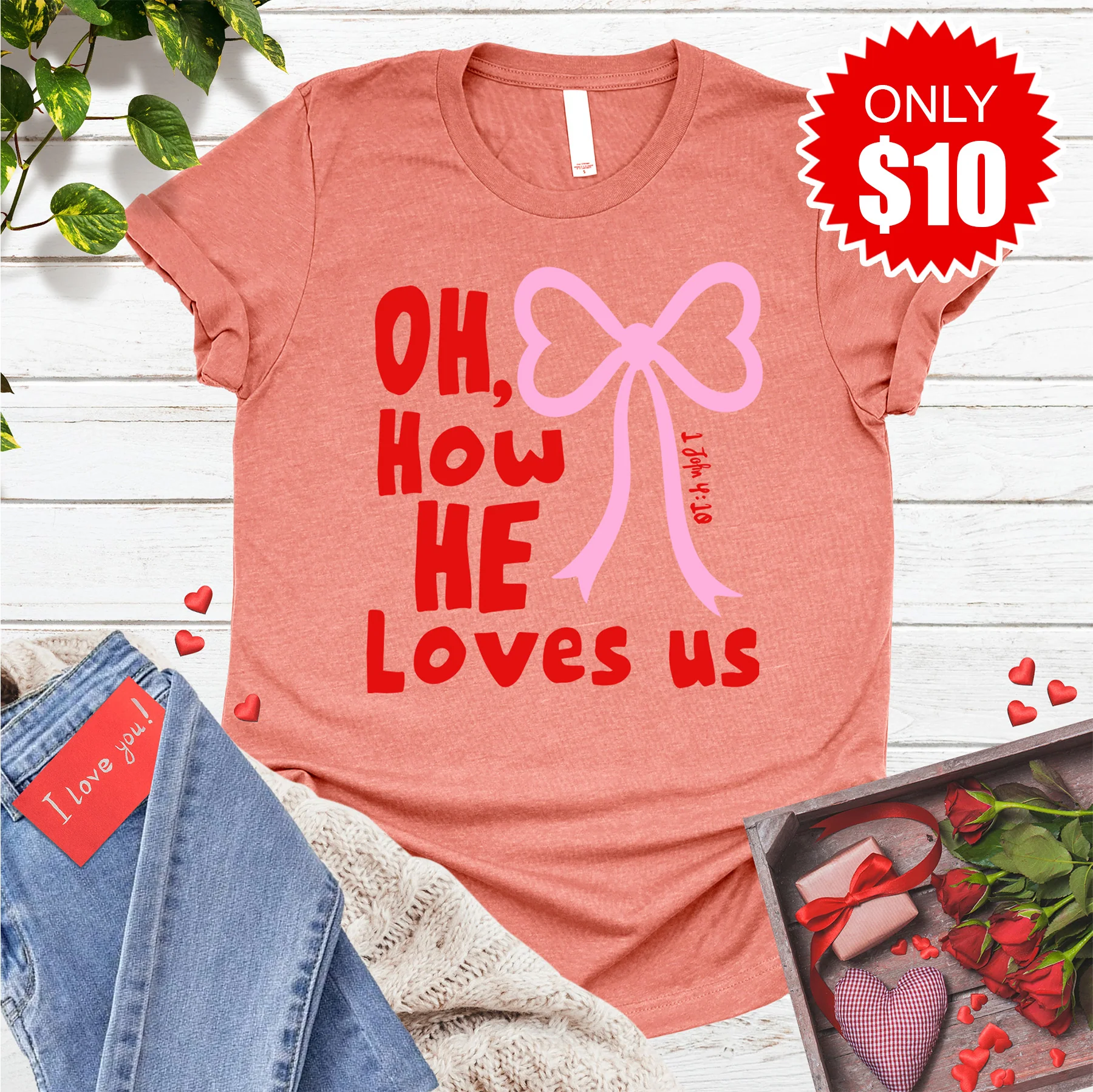 Oh How He Loves Us Tee - Heather Papaya - 10