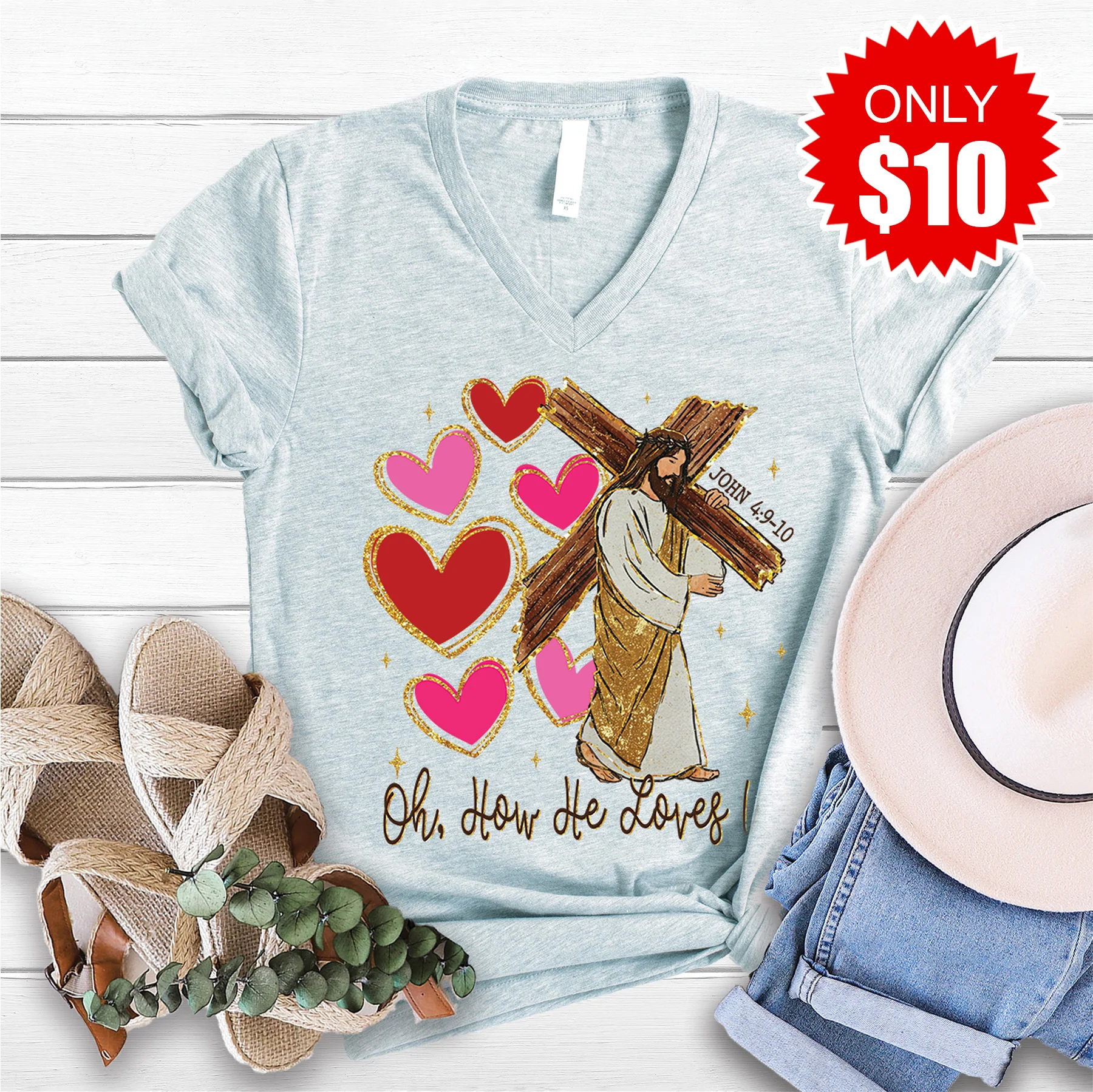 Oh How He Loves Us V-Neck - Heather Ice Blue - 10