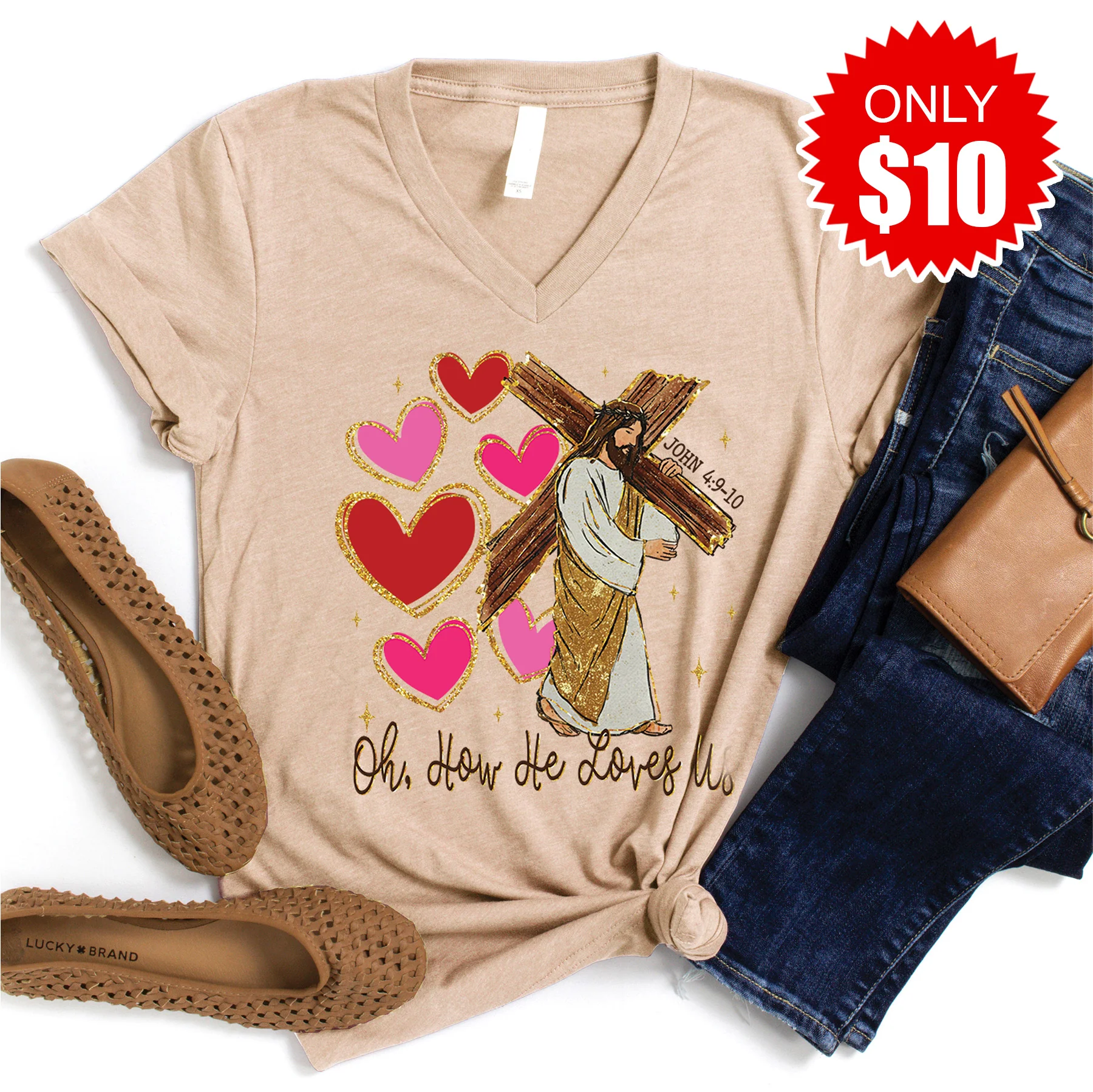 Oh How He Loves Us V-Neck - Heather Sand Dune - 10