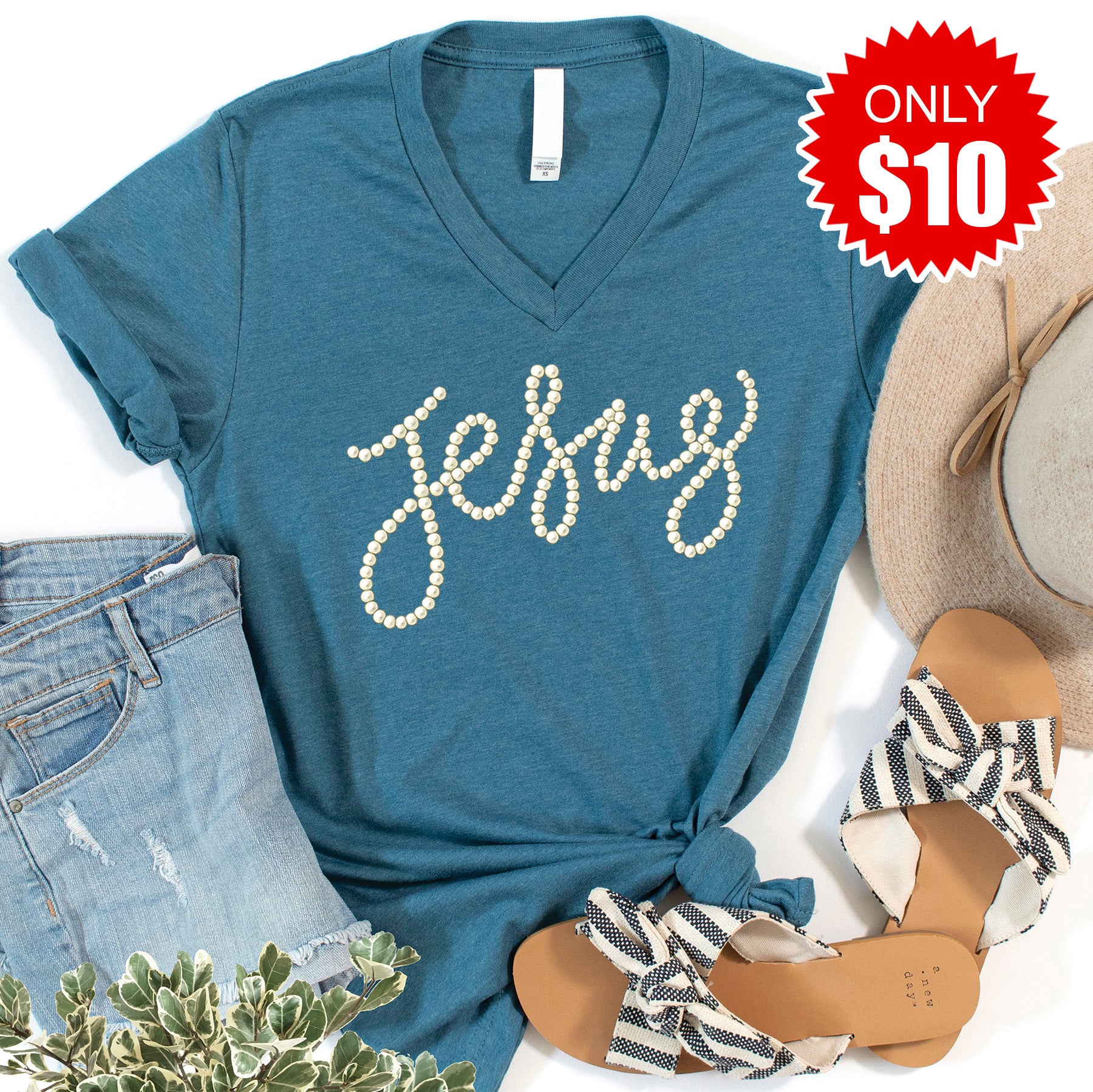 Pearl Jesus V-Neck - Heather Deep Teal - 10
