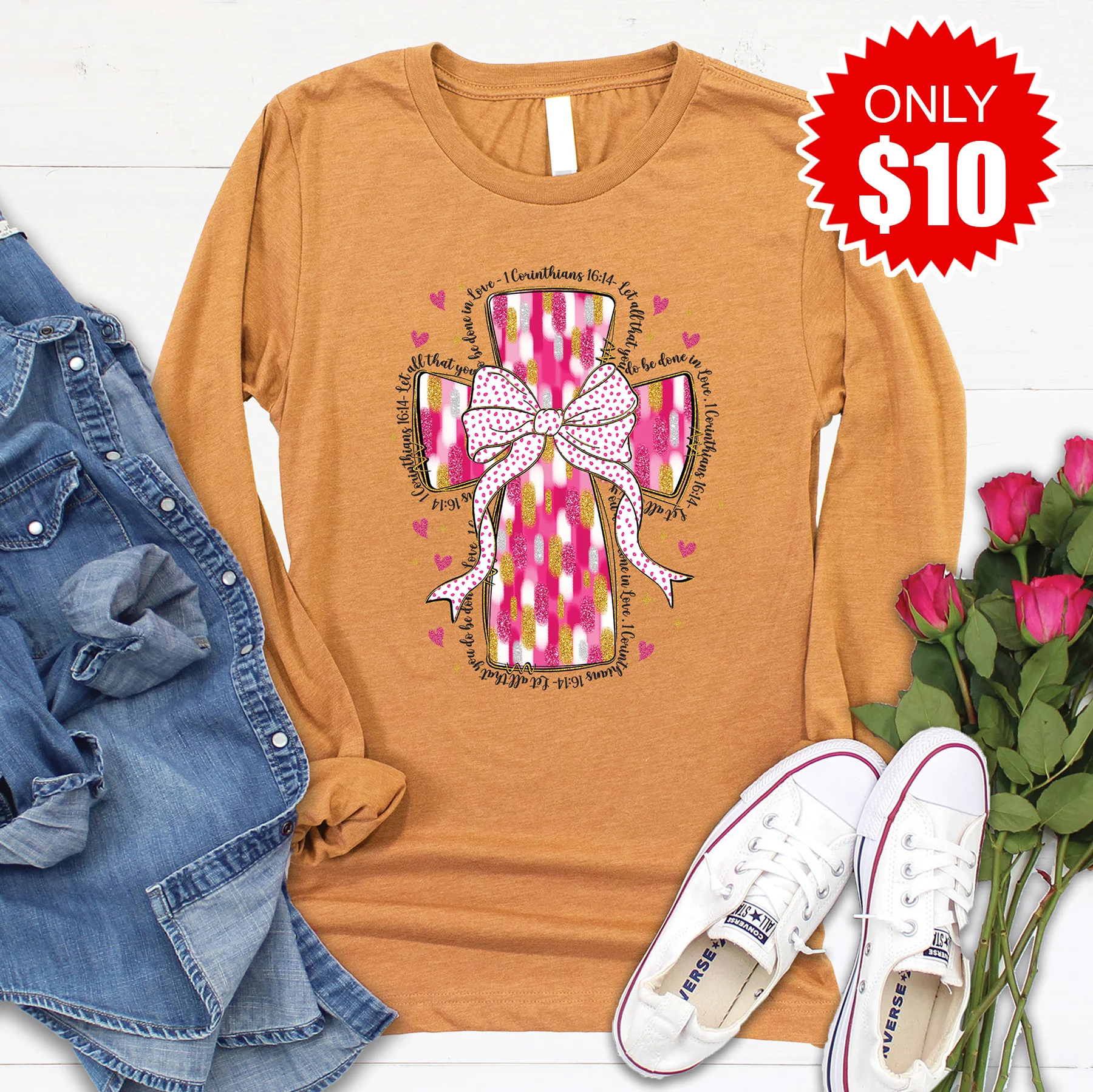 Pink Paint Cross Long Sleeve - Heather Toast - 10