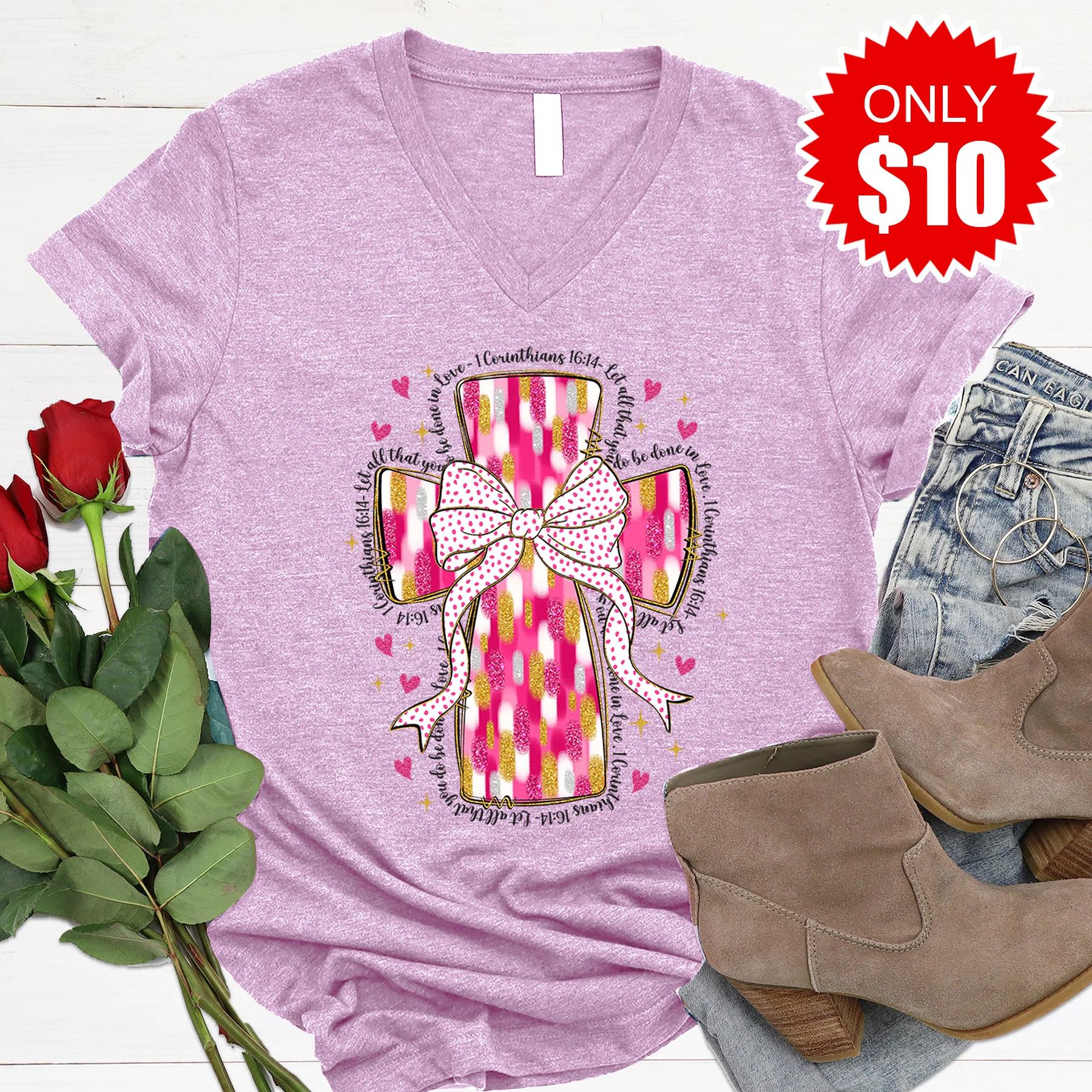 Pink Paint Cross V-Neck - Heather Lilac - 10