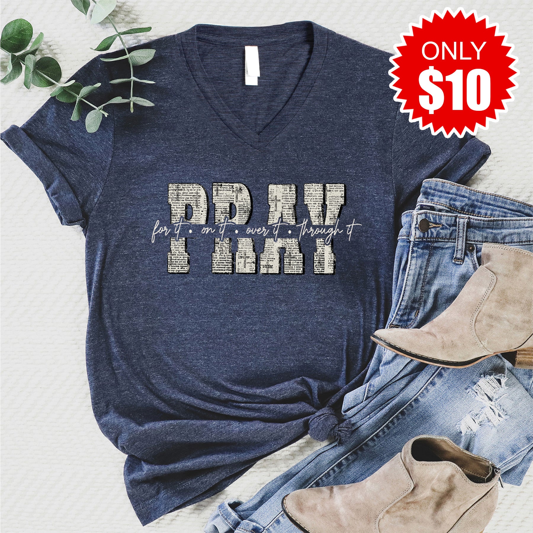 Pray For It V-Neck - Heather Navy - 10
