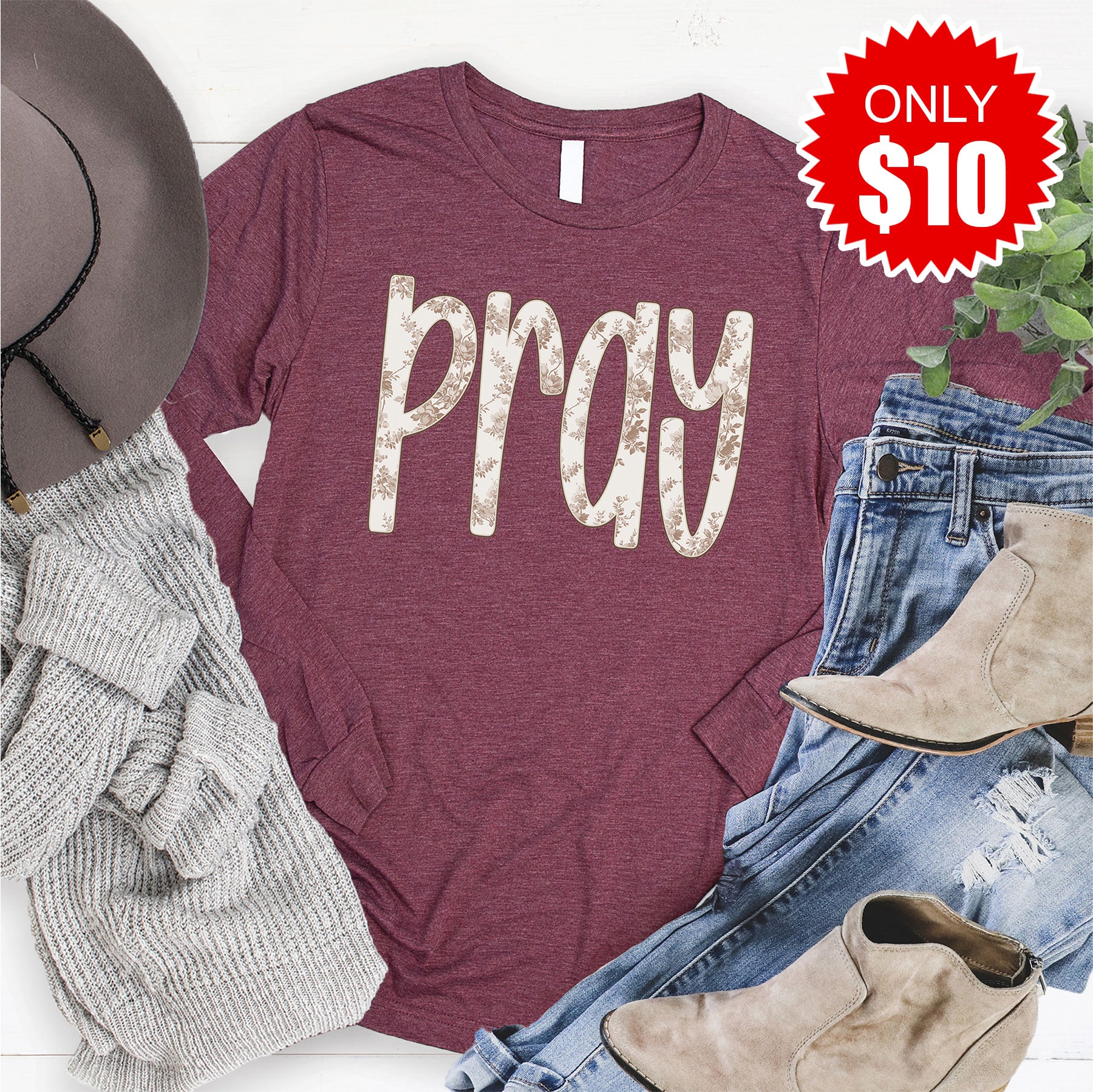 Pray Long Sleeve - Heather Burgundy - 10