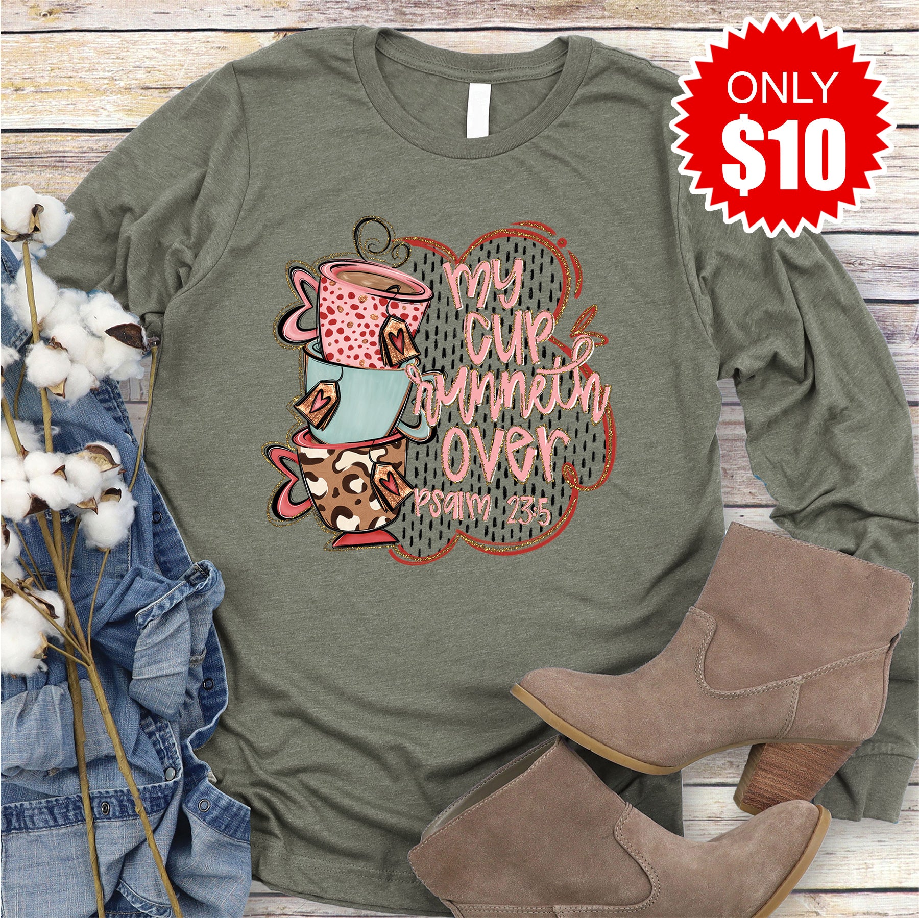 Psalm 23:5 Long Sleeve - Heather Olive - 10