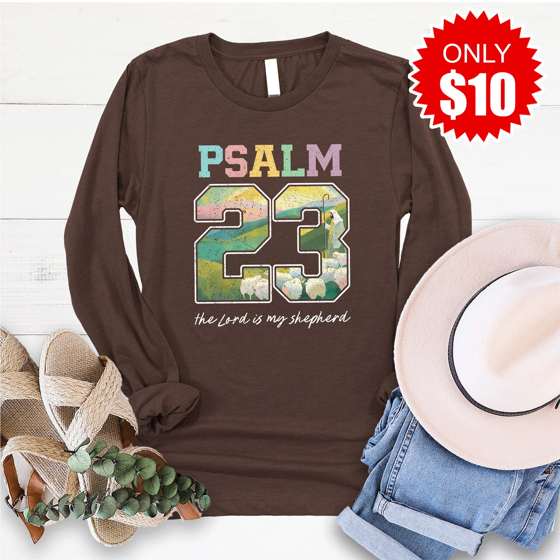 Psalm 23 Long Sleeve - Heather Brown - 10