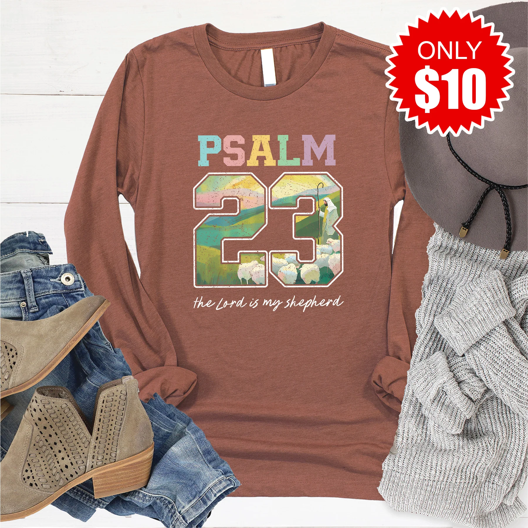 Psalm 23 Long Sleeve - Heather Chestnut - 10