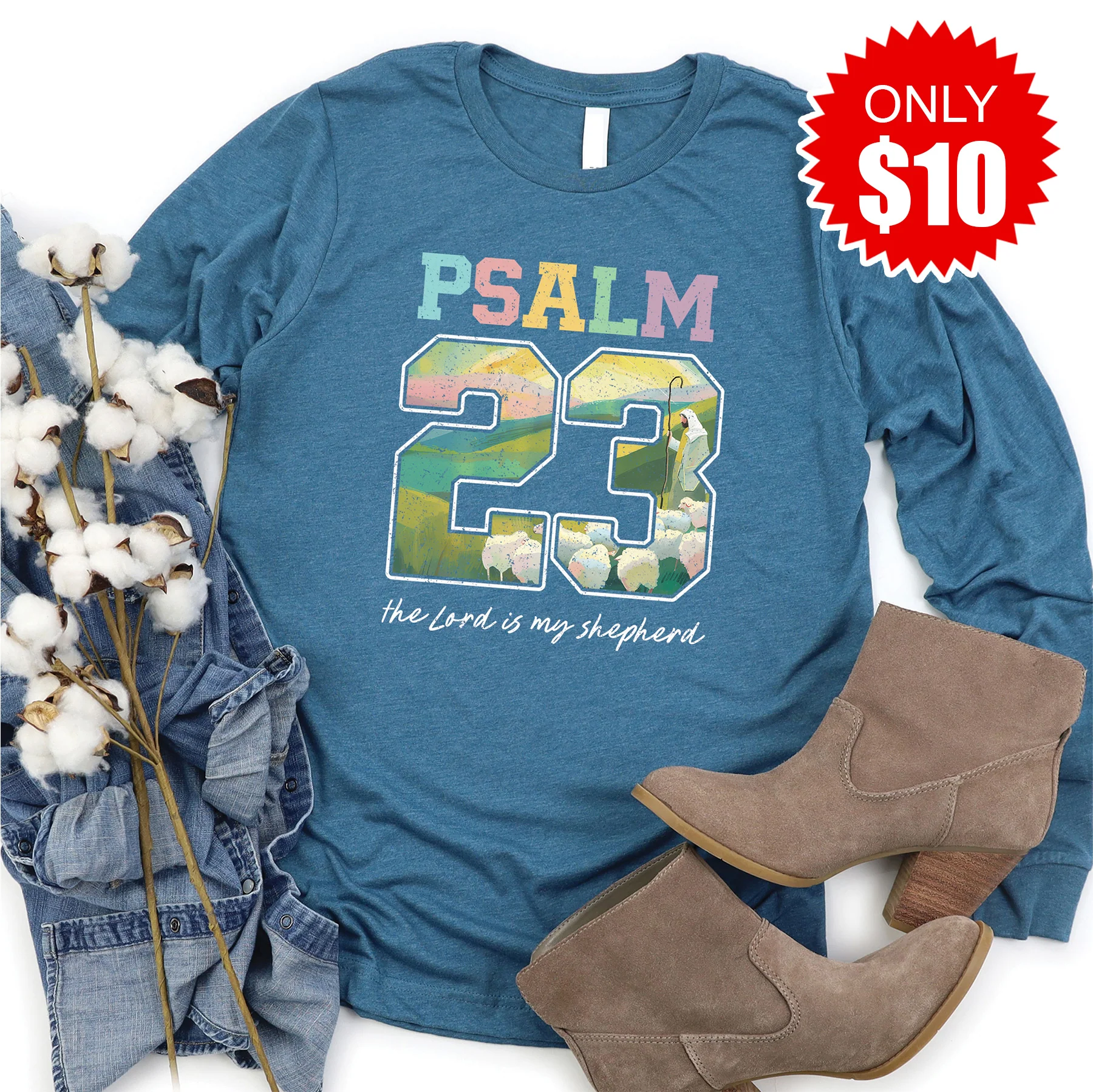 Psalm 23 Long Sleeve - Heather Deep Teal - 10