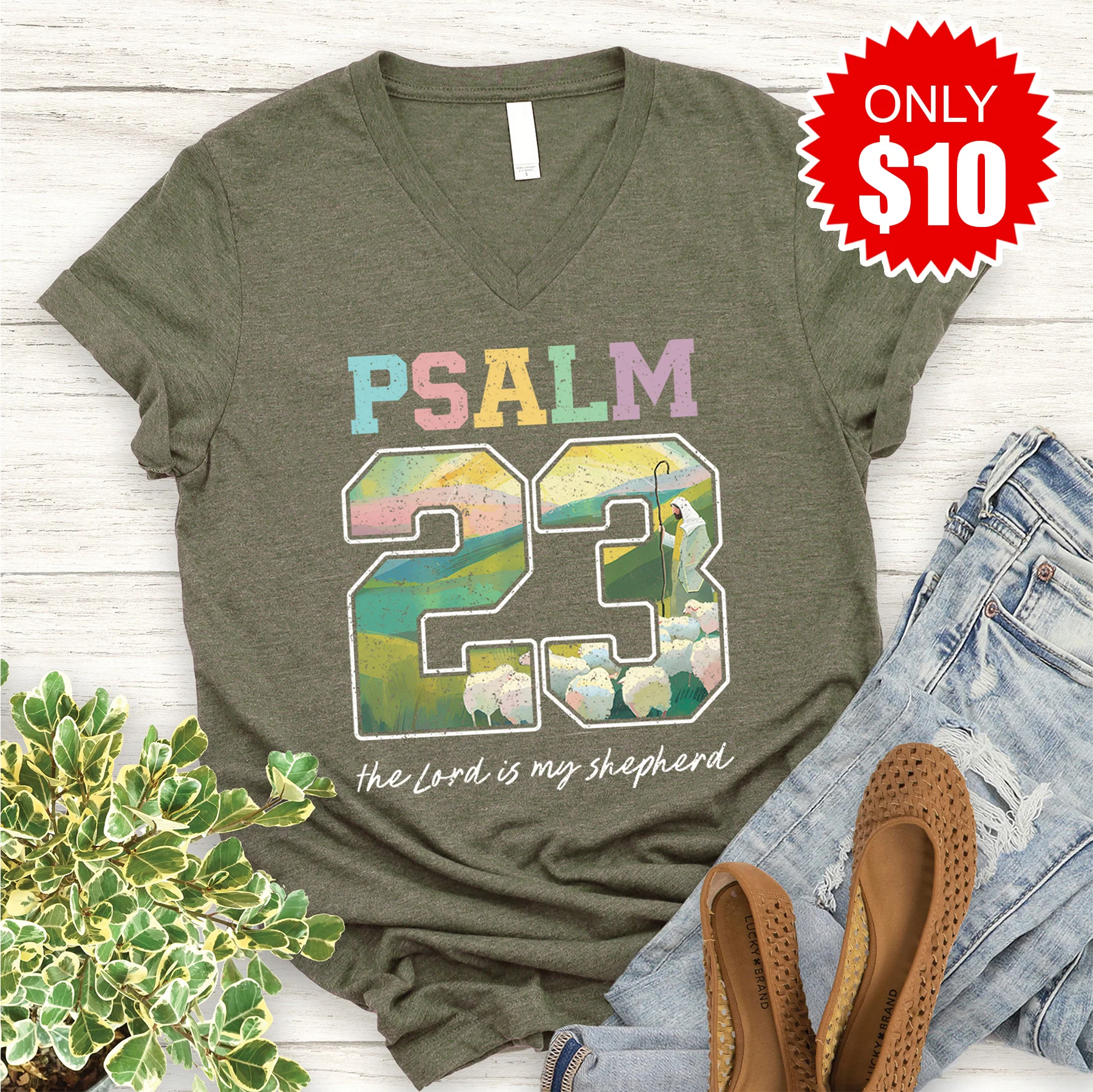 Psalm 23 V-Neck - Heather Olive - 10