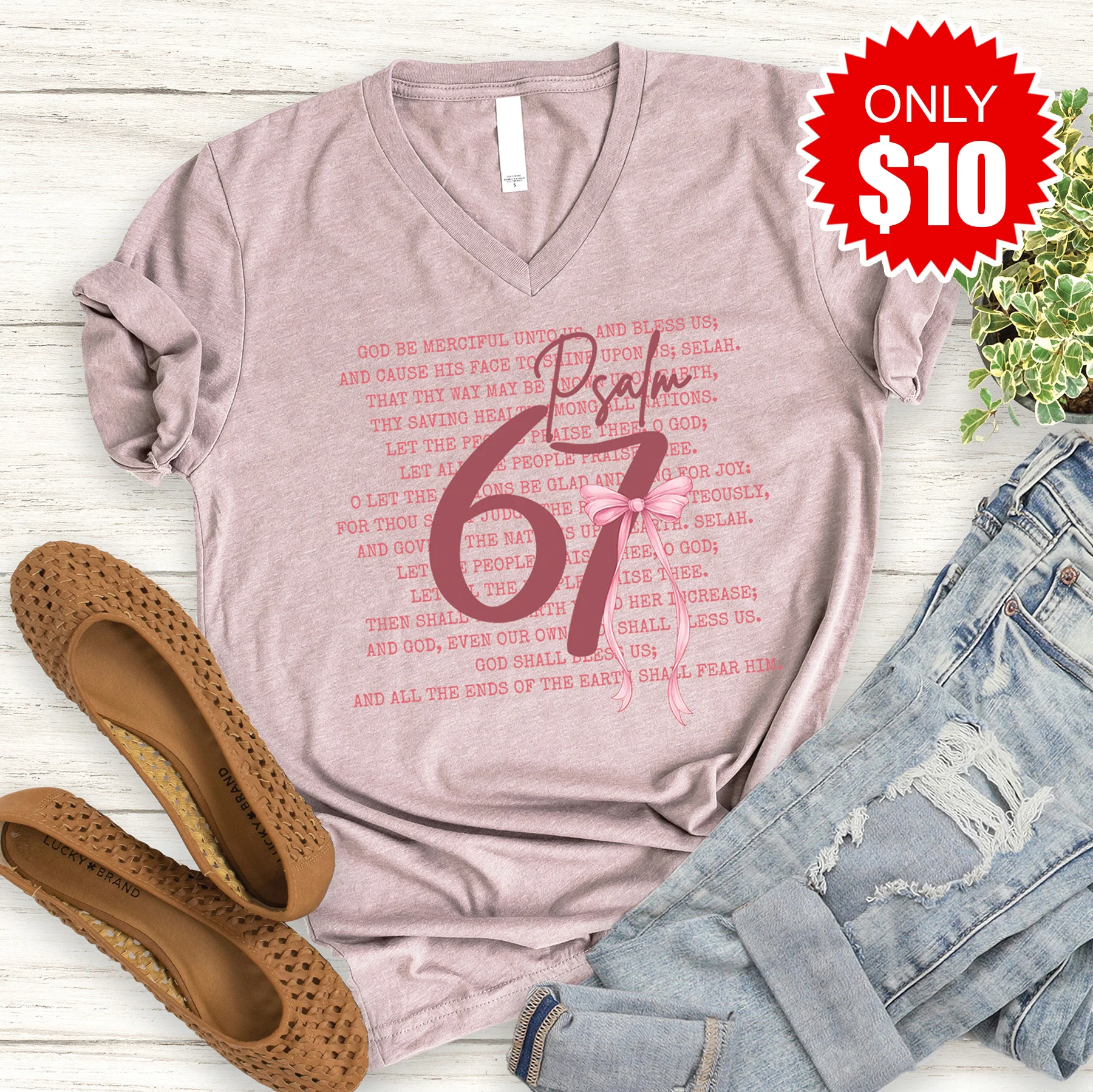 Psalm 67 V-Neck - Heather Pink Gravel - 10