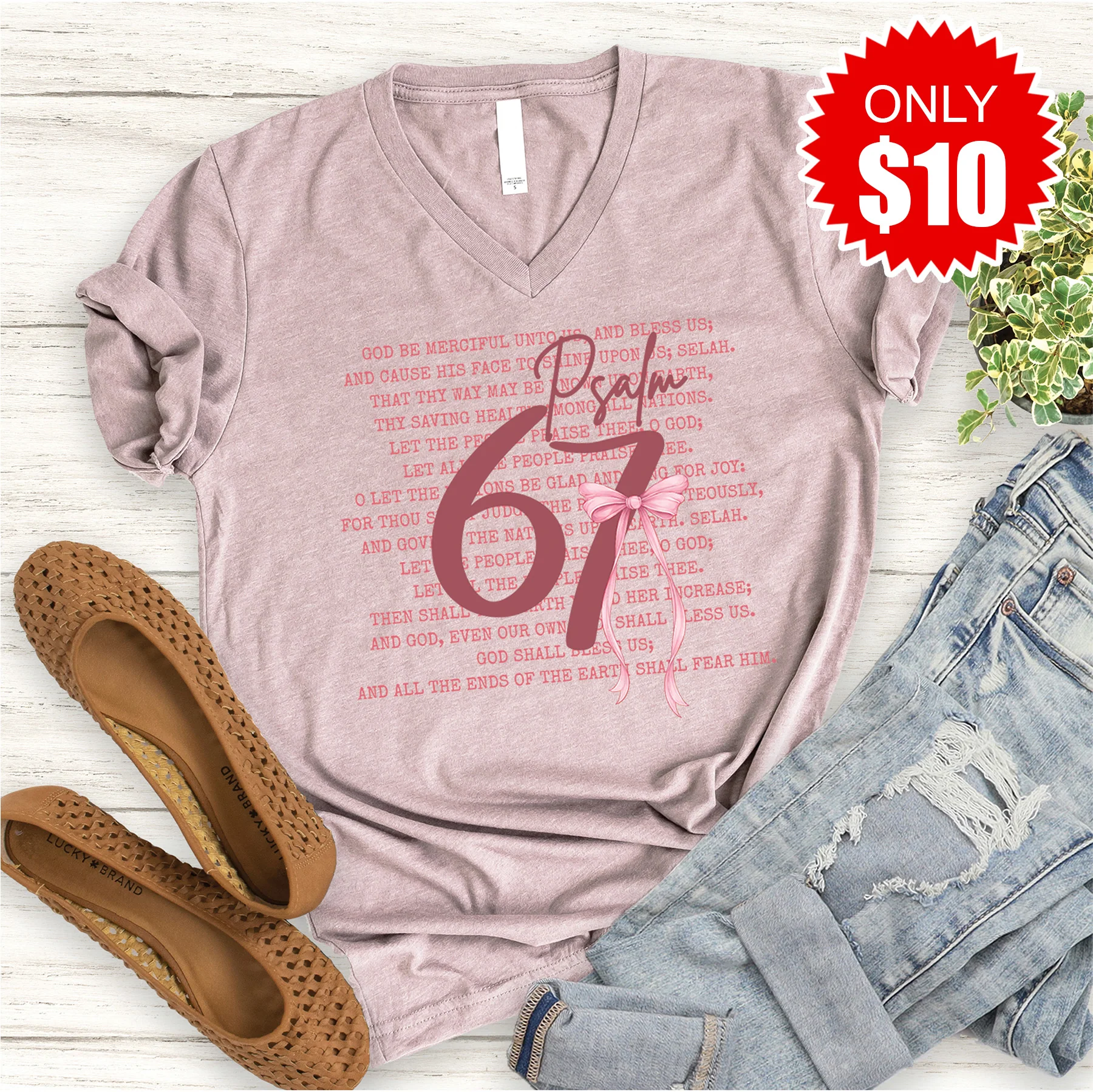 Psalm 67 V-Neck - Heather Pink Gravel - 10