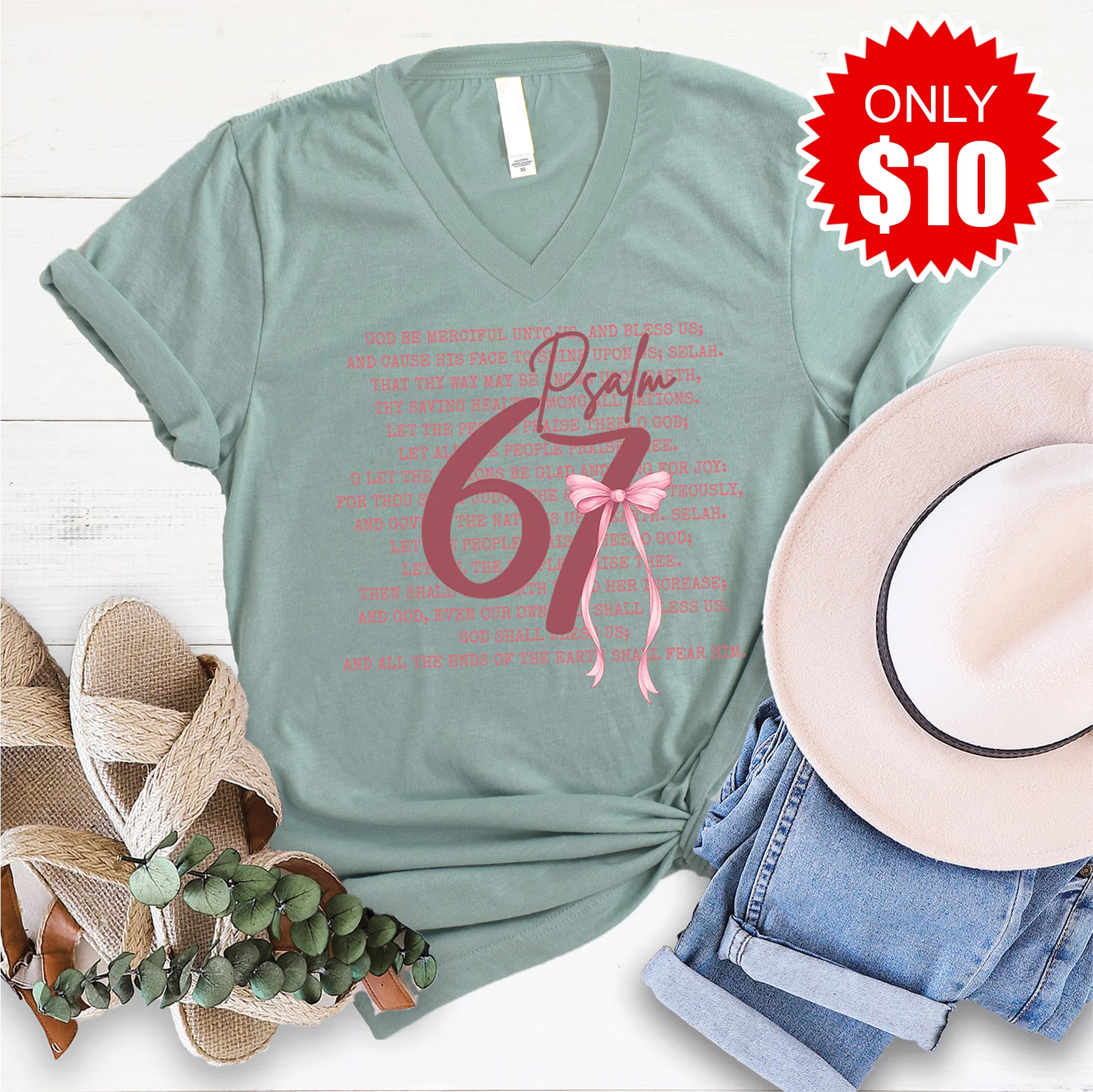Psalm 67 V-Neck - Heather Sage - 10