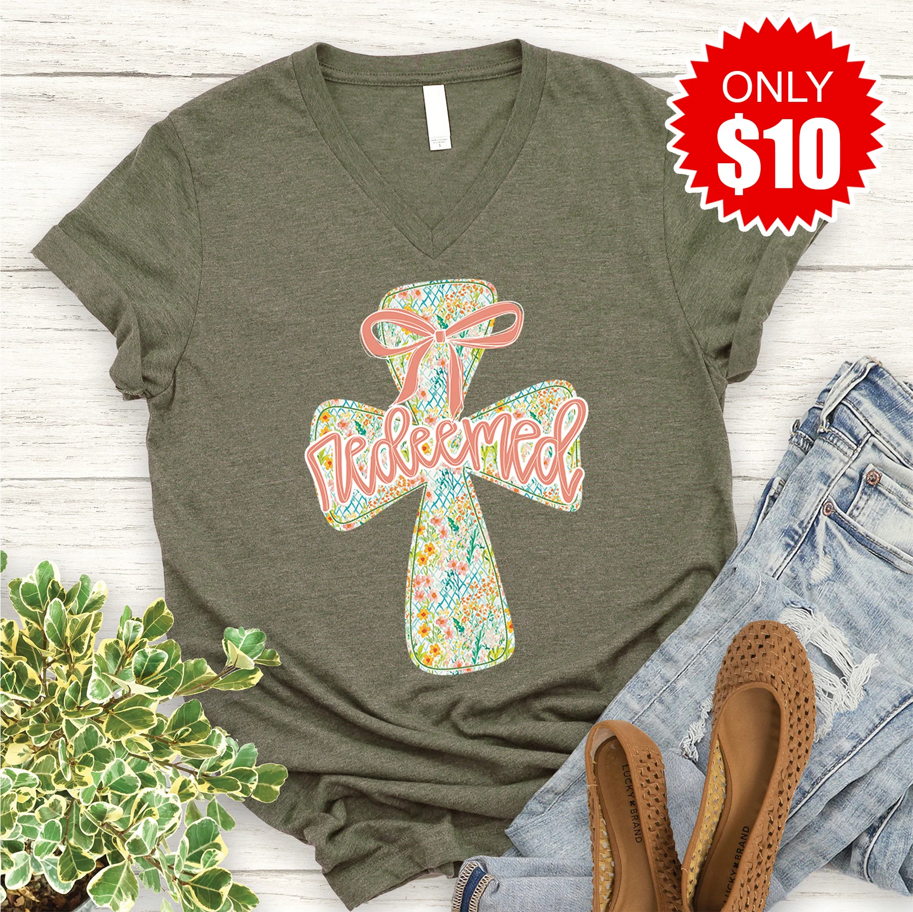 Redeemed V-Neck - Heather Olive - 10