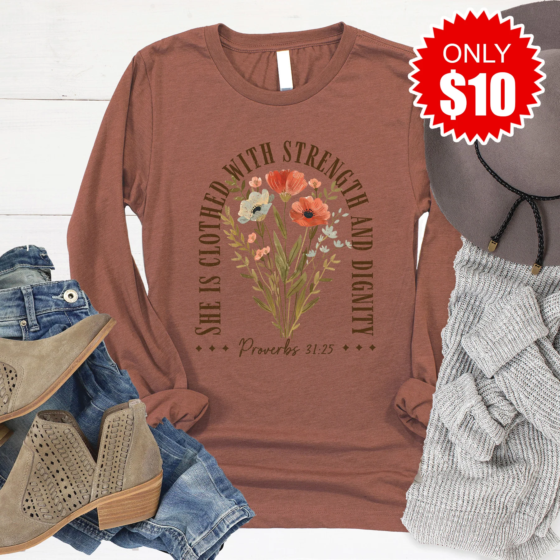 She Is Clothed With Strength Long Sleeve - Heather Chestnut - 10
