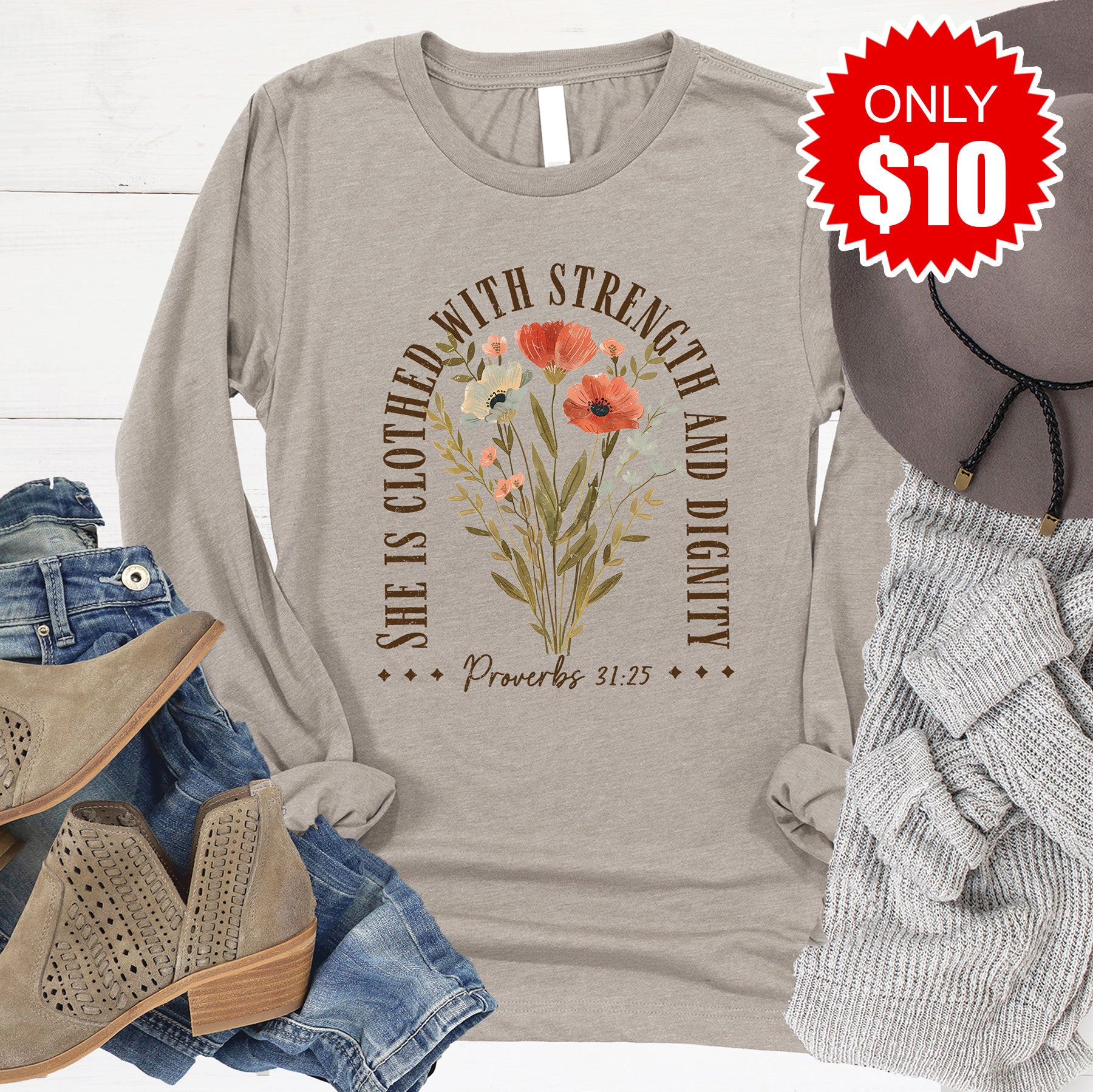 She Is Clothed With Strength Long Sleeve - Heather Stone - 10