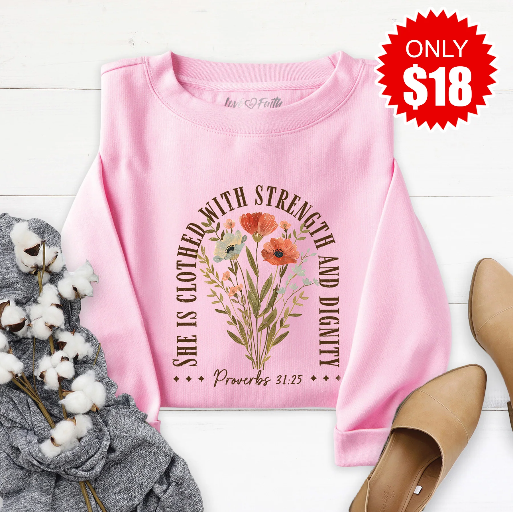 She Is Clothed With Strength Sweatshirt - Heather Bubble Gum - 18