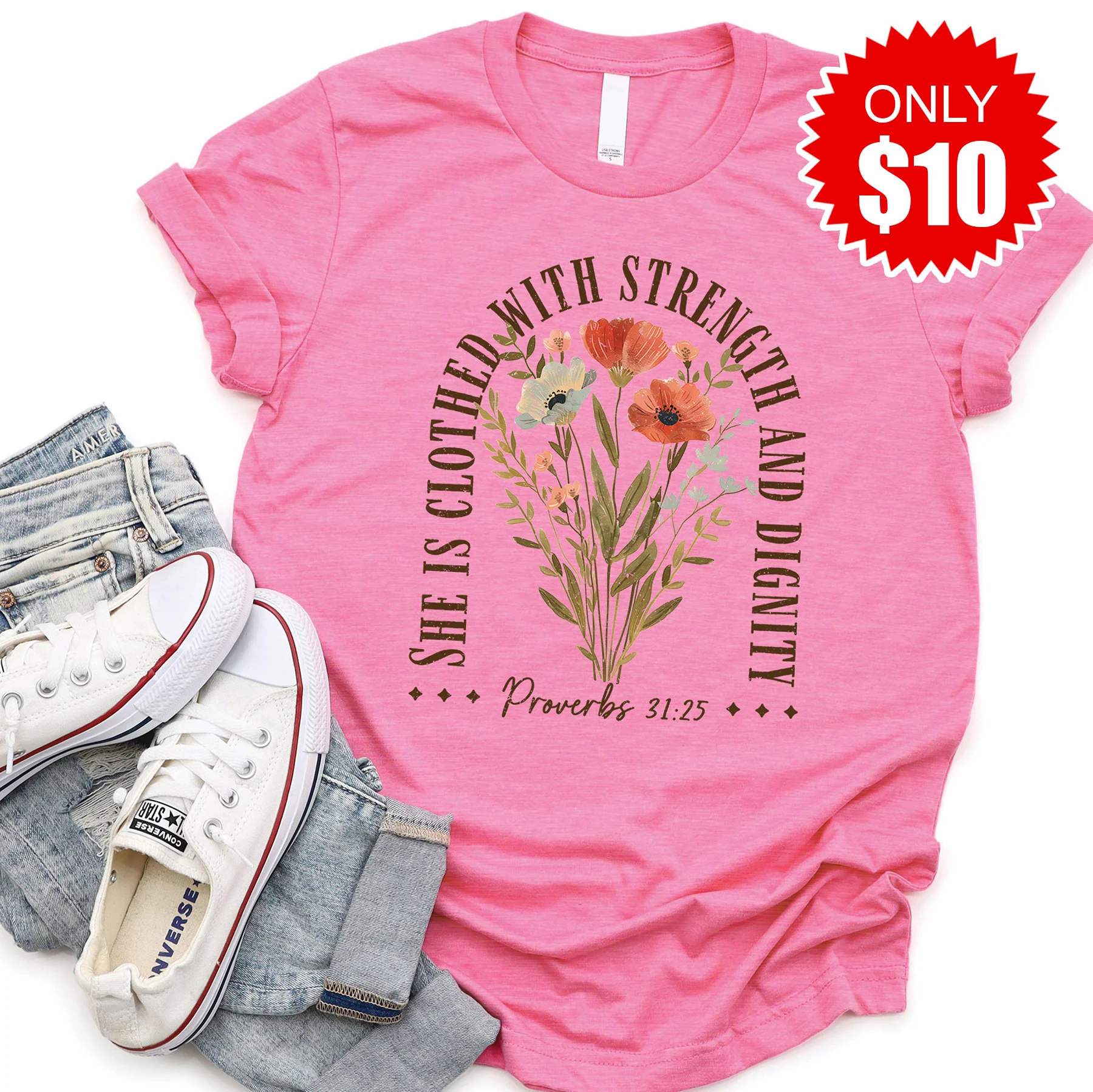 She Is Clothed With Strength Tee - Heather Charity Pink - 10