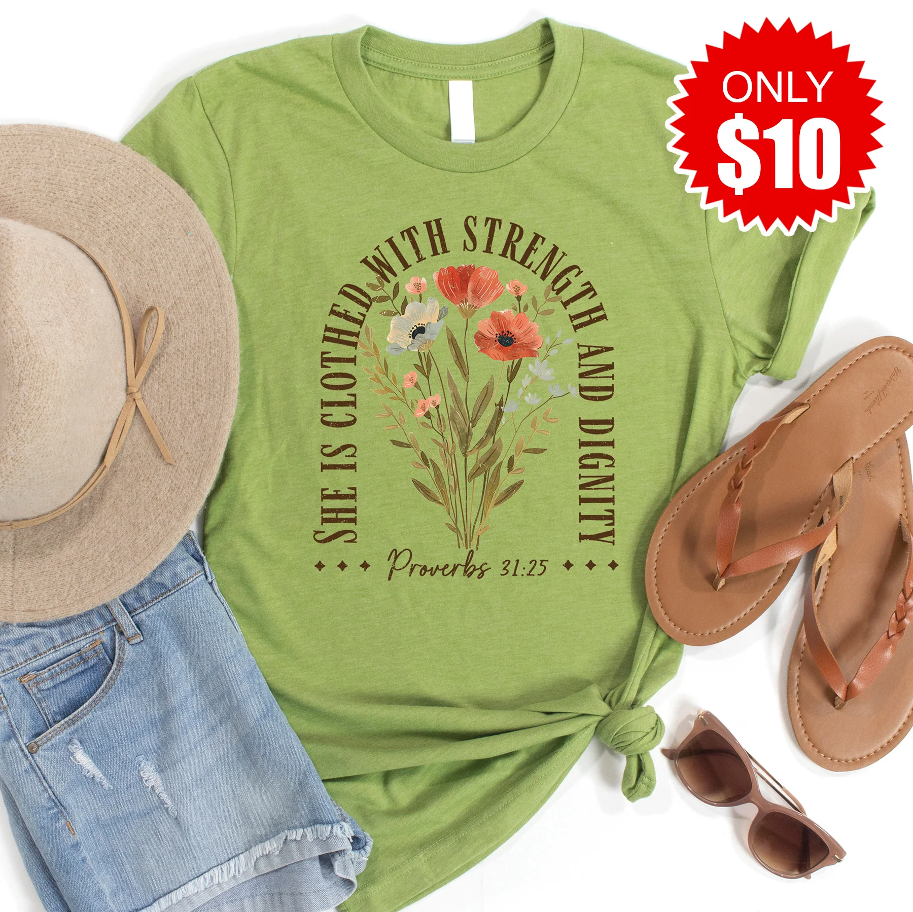 She Is Clothed With Strength Tee - Heather Green - 10