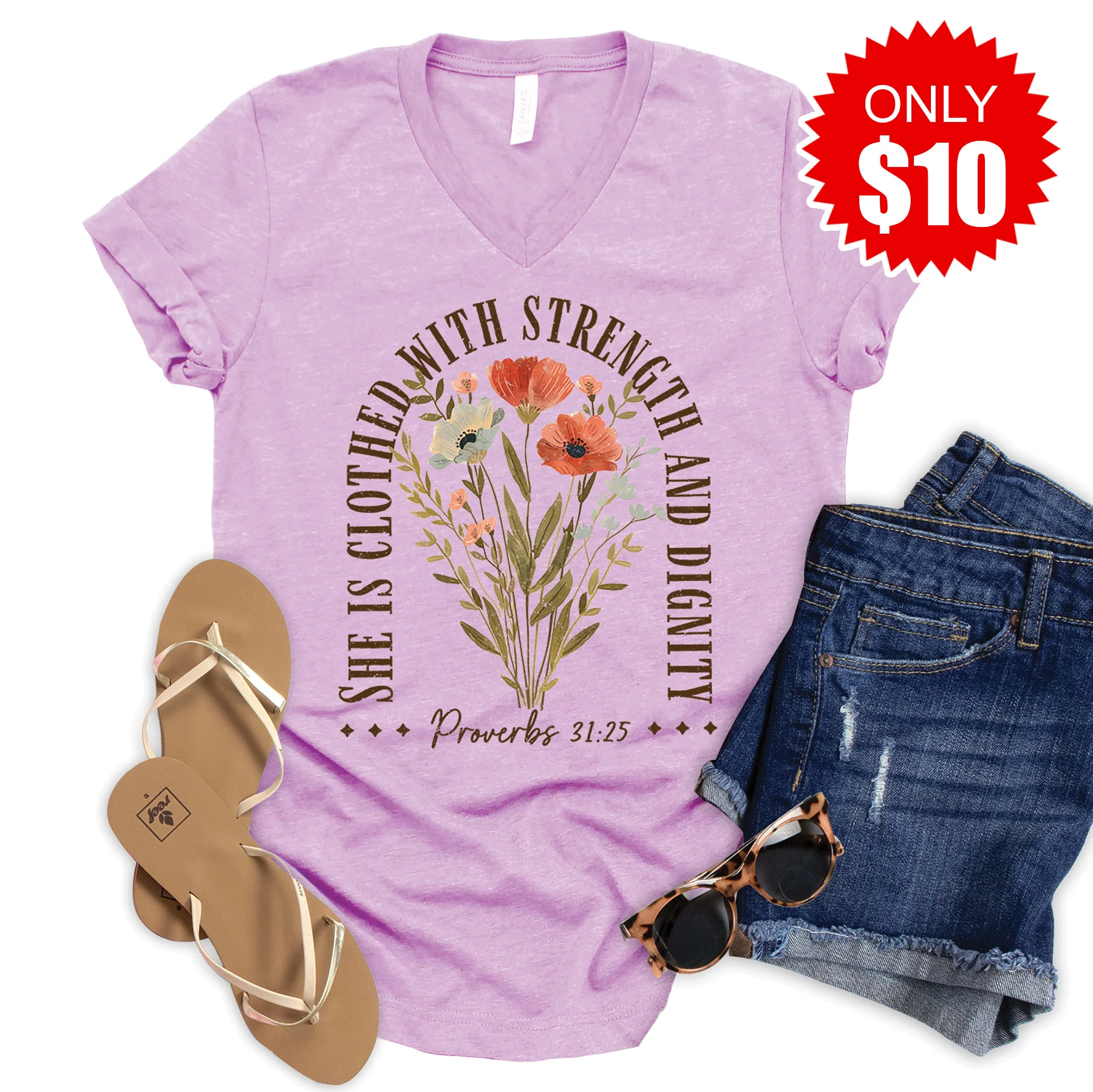 She Is Clothed With Strength V-Neck - Heather Lilac - 10