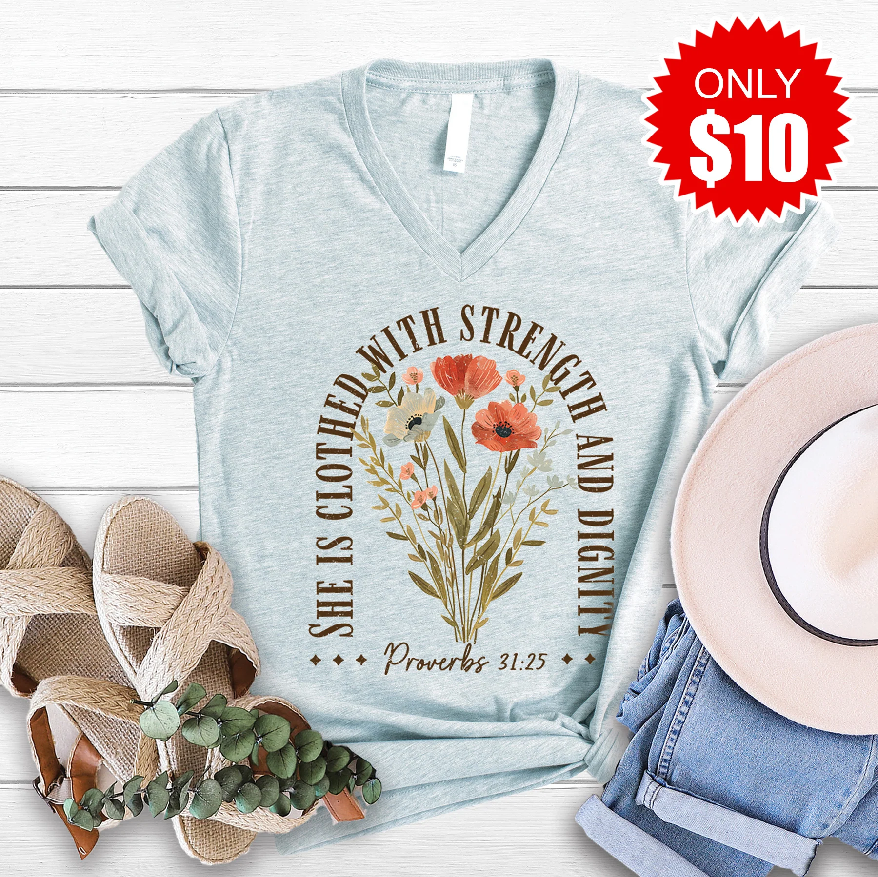 She Is Clothed With Strength V-Neck - Heather Prism Ice Blue - 10