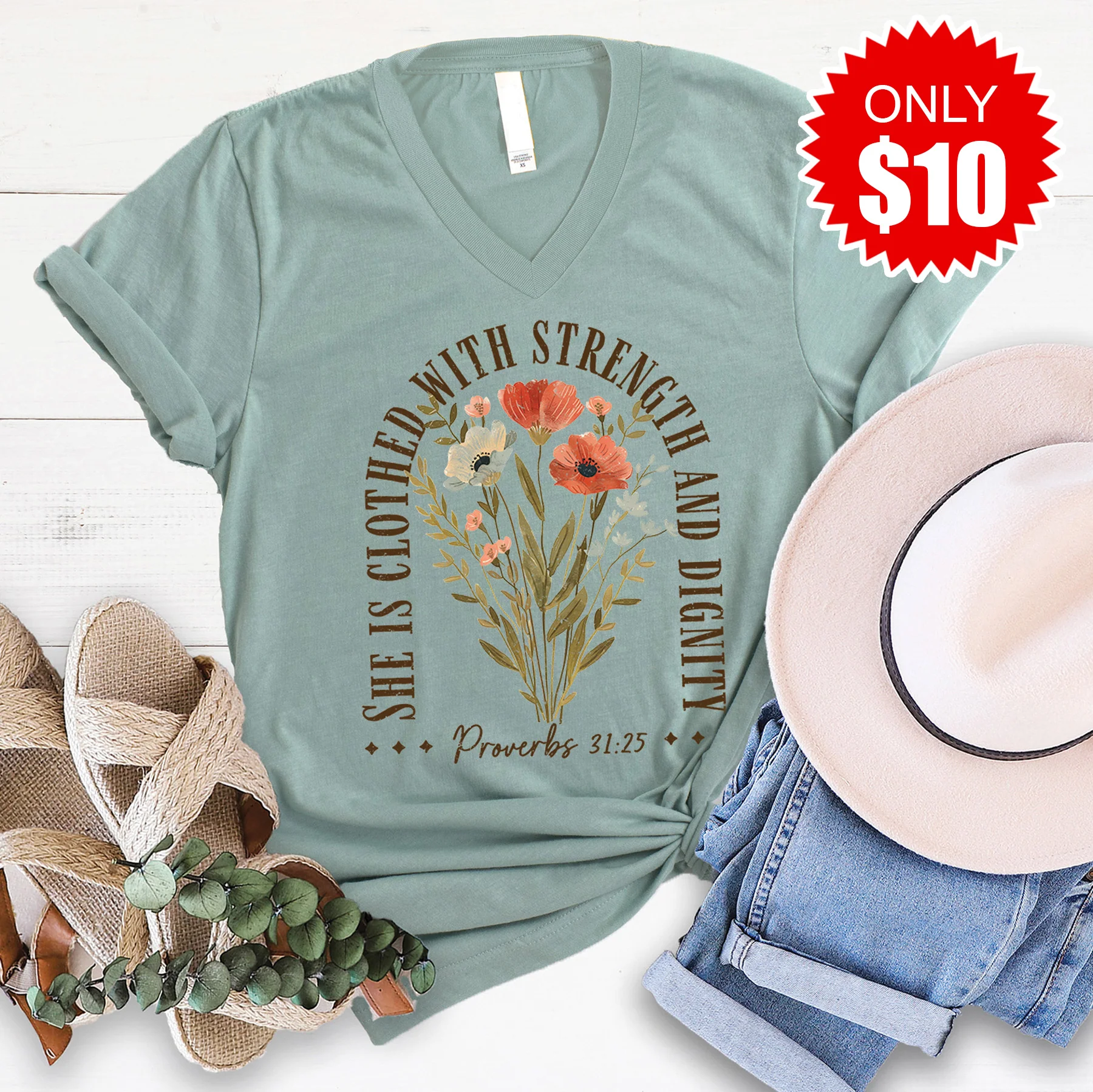 She Is Clothed With Strength V-Neck - Heather Sage - 10