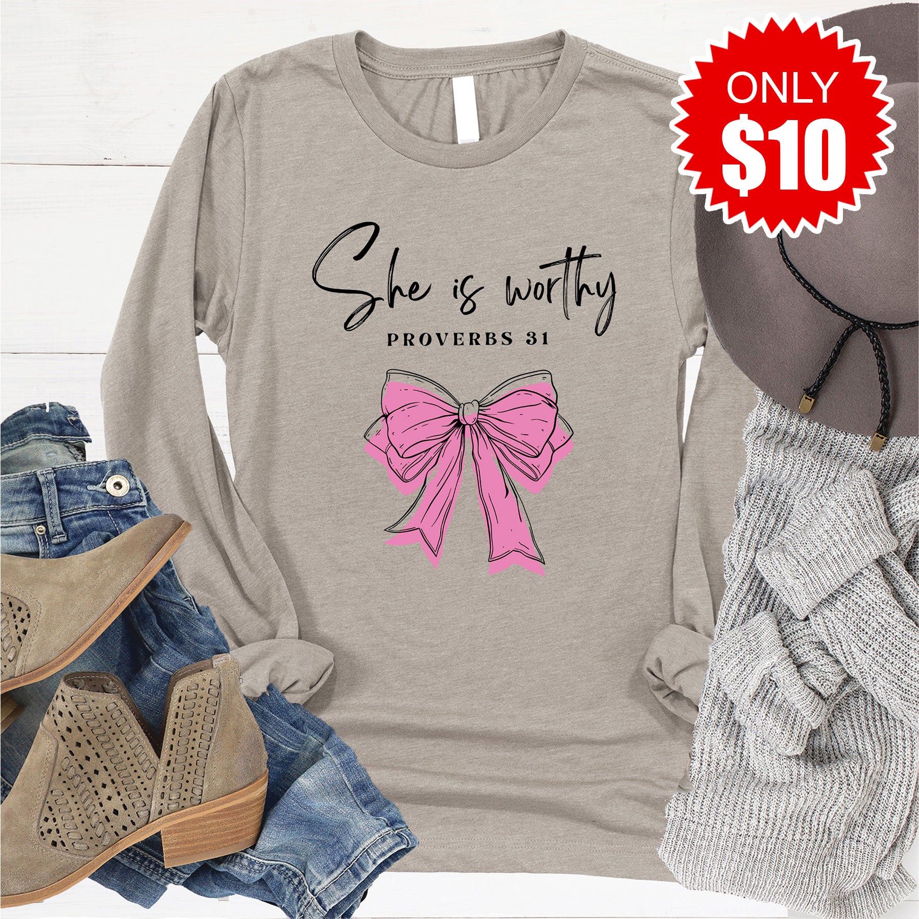 She Is Worthy Long Sleeve - Heather Stone - 10