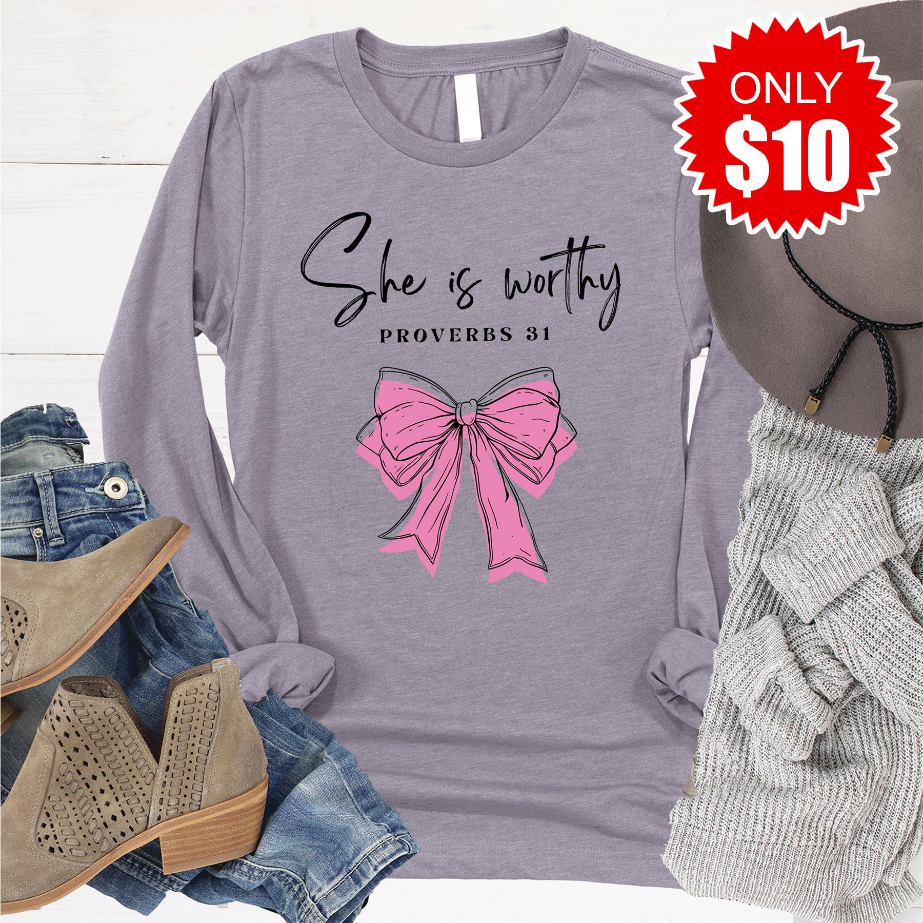 She Is Worthy Long Sleeve - Heather Storm - 10