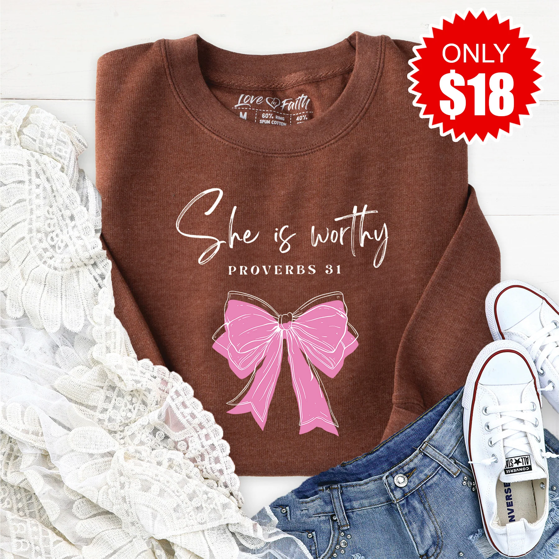 She Is Worthy Sweatshirt - Heather Brown - 18