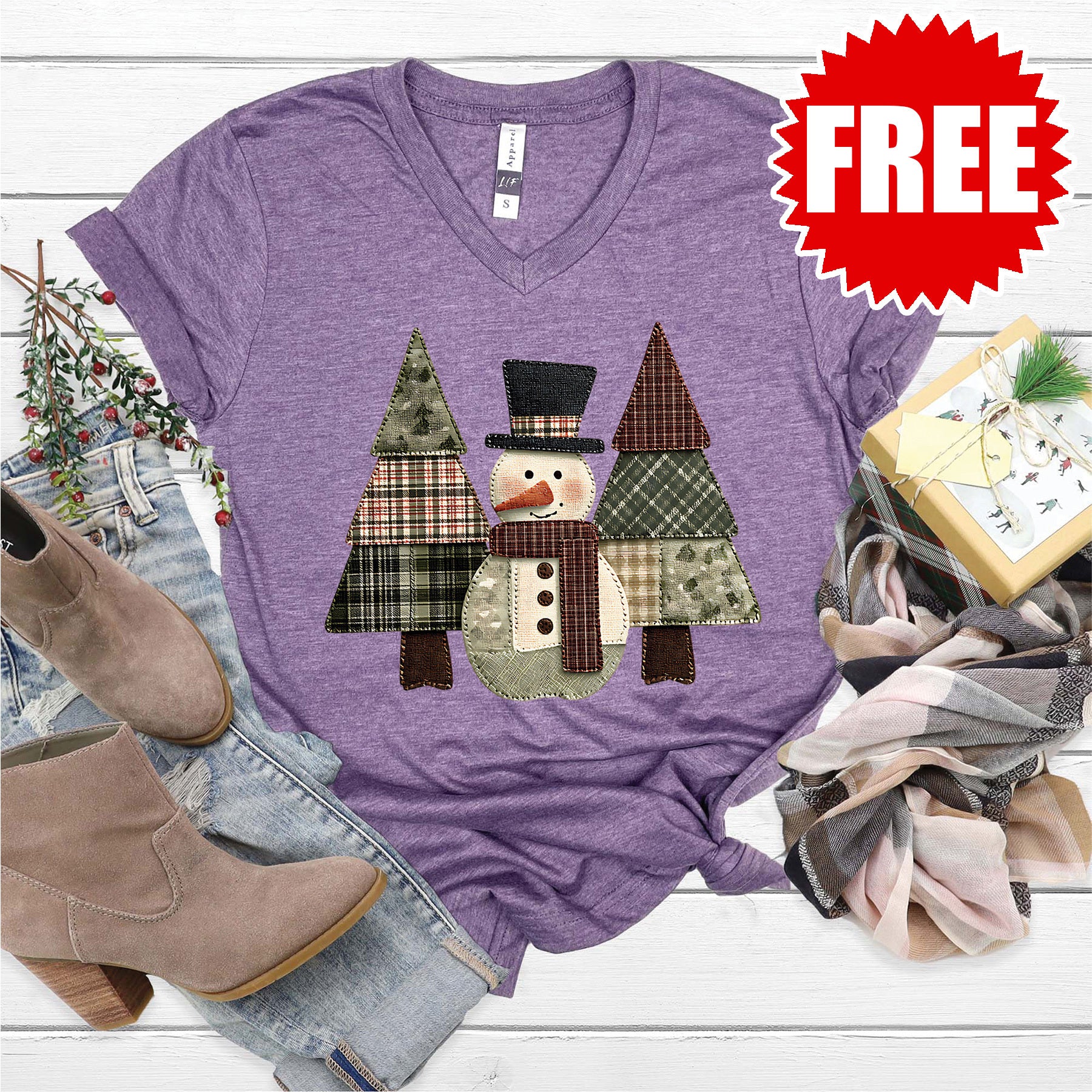 Snowman Trees Patchwork V-Neck - 0