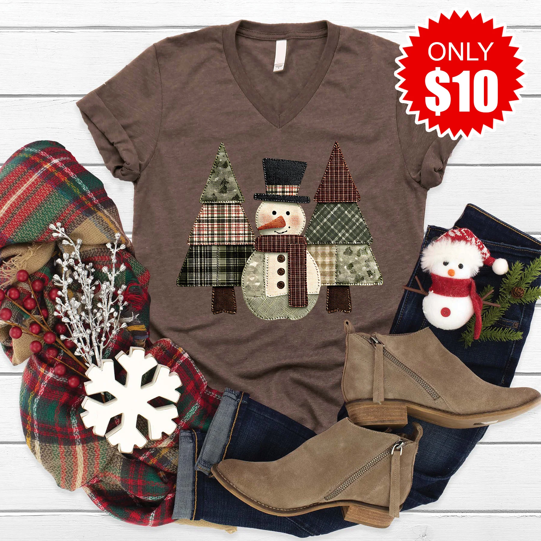 Snowman Trees Patchwork V-Neck - Heather Brown - 10