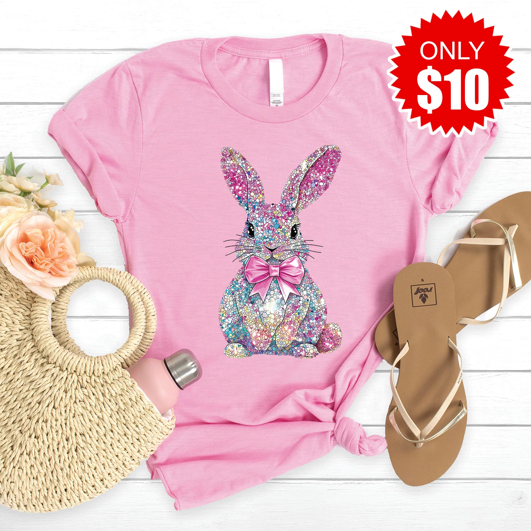 Sparkly Bunny Tee - Heather Bubble Gum - 10
