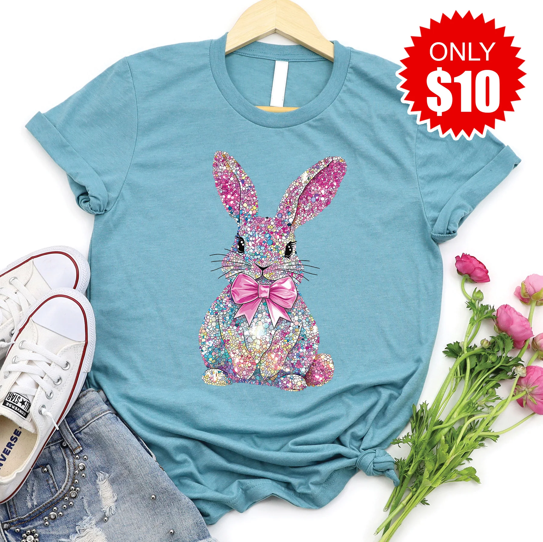 Sparkly Bunny Tee - Heather Lagoon - 10