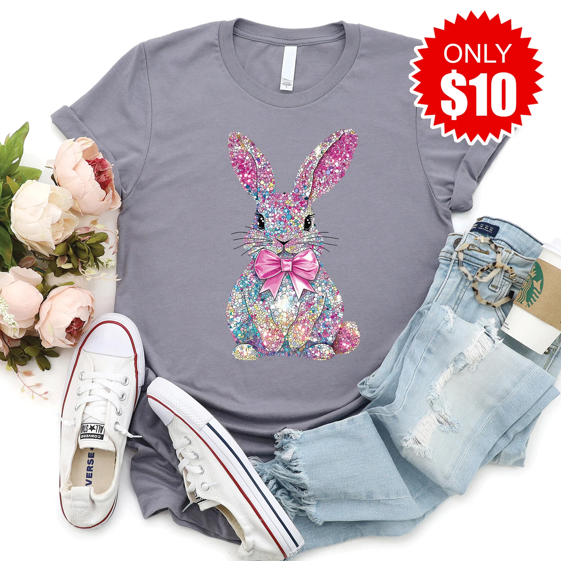 Sparkly Bunny Tee - Heather Storm - 10