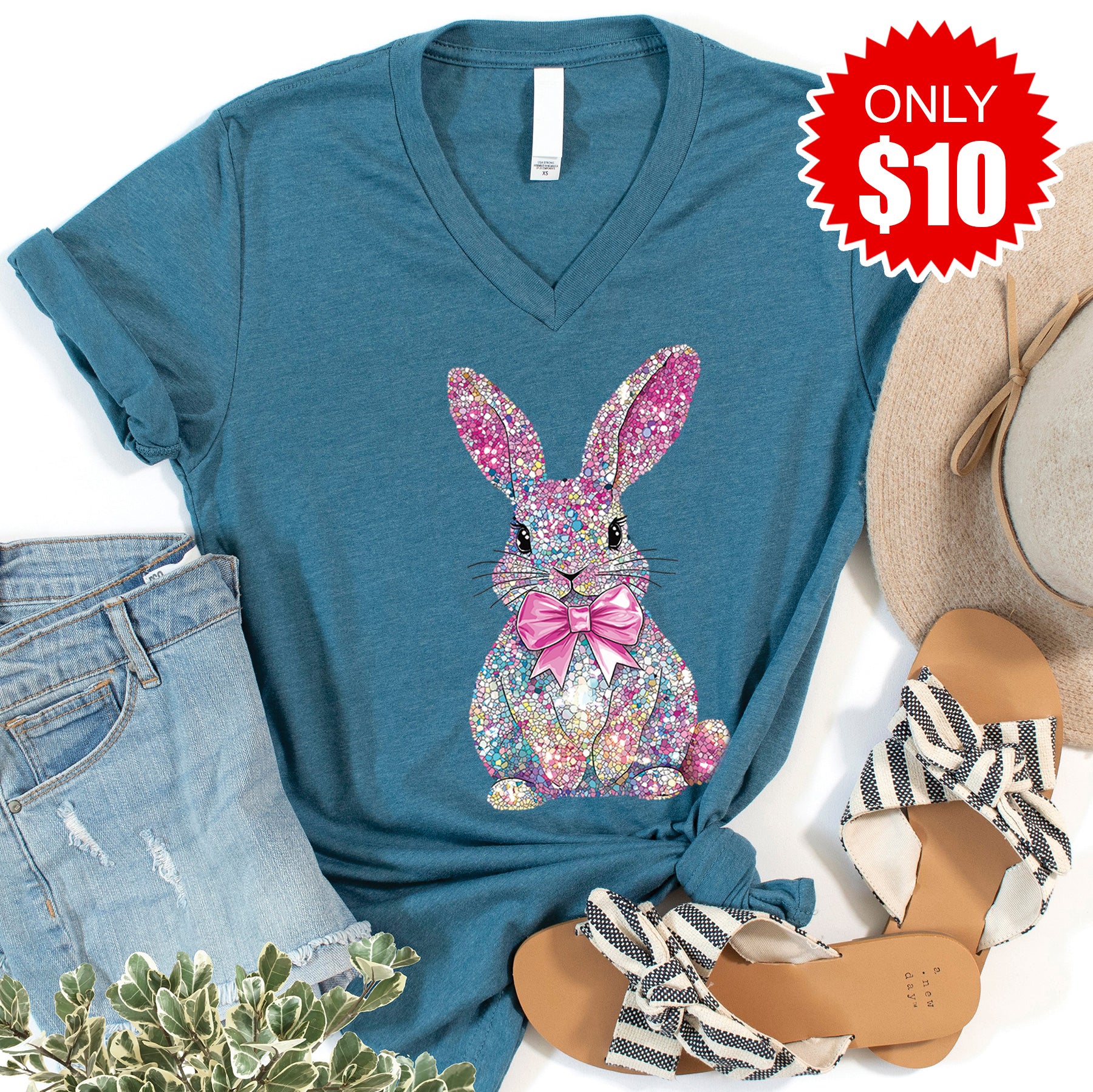 Sparkly Bunny V-Neck - Heather Deep Teal - 10