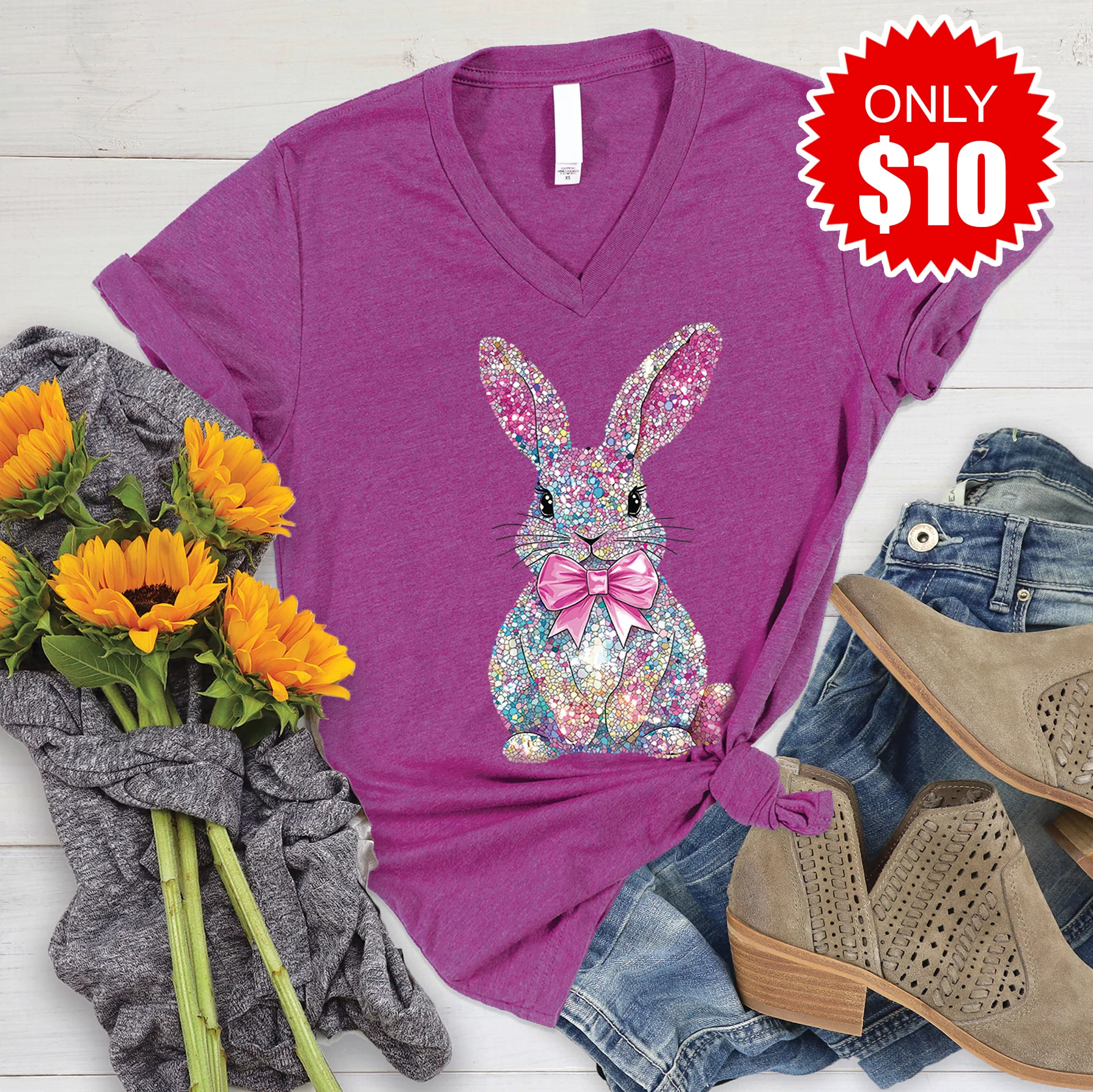 Sparkly Bunny V-Neck - Heather Dragonfruit - 10