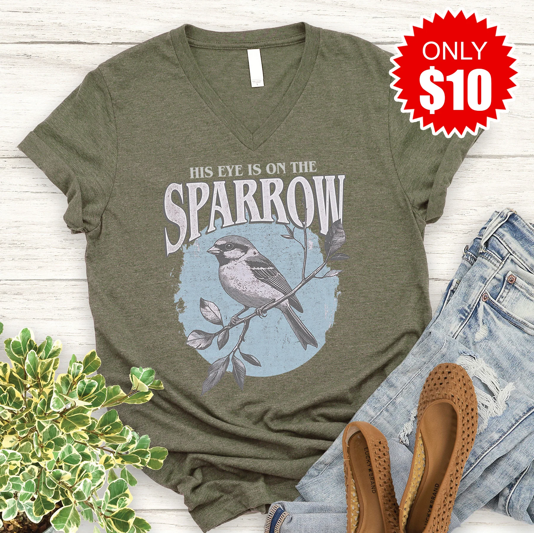 Sparrow V-Neck - Heather Olive - 10