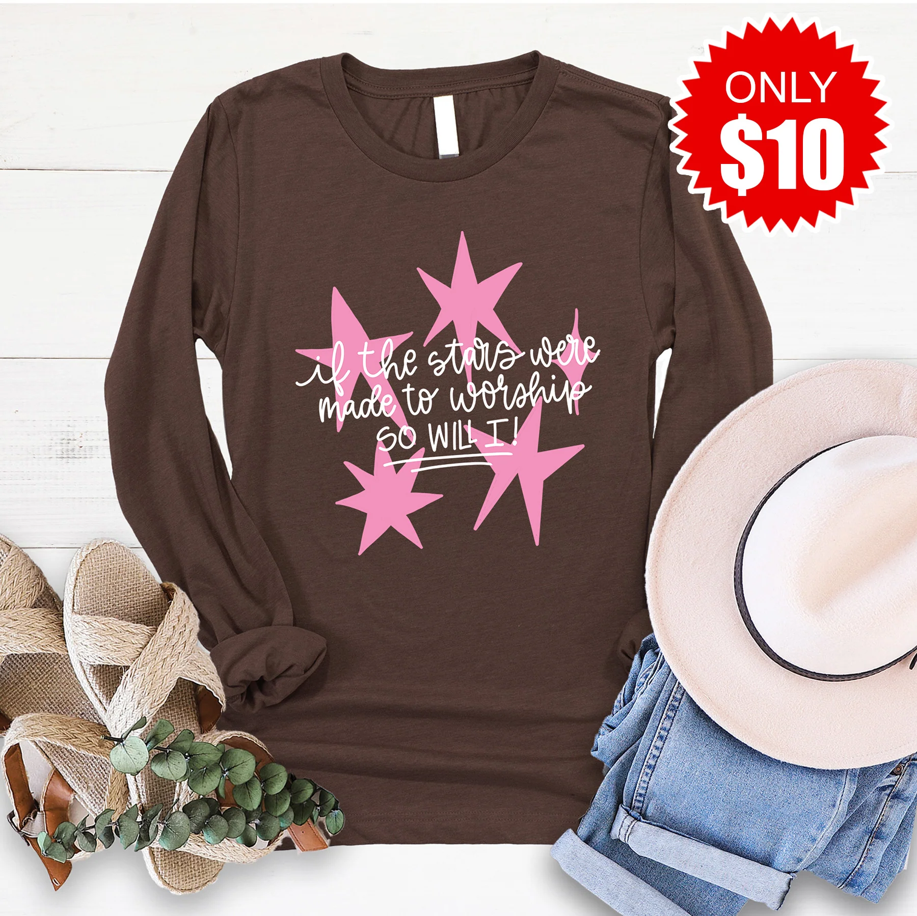 Stars Were Made To Worship Long Sleeve - Heather Brown - 10