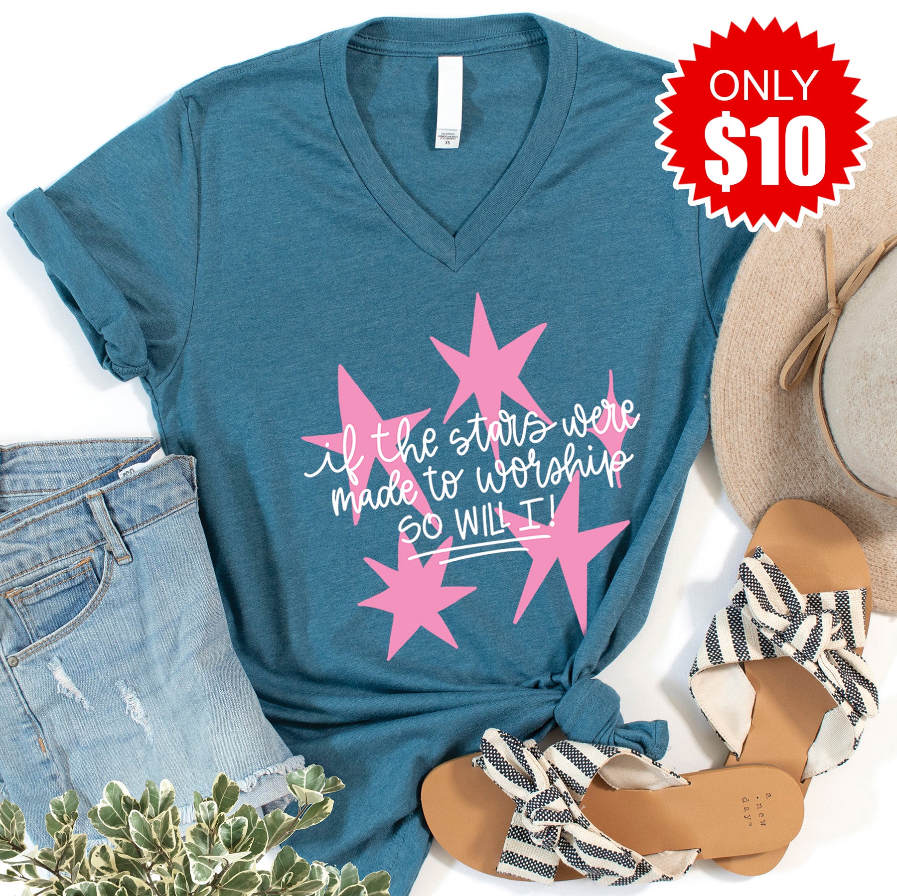 Stars Were Made To Worship V-Neck - Heather Deep Teal - 10