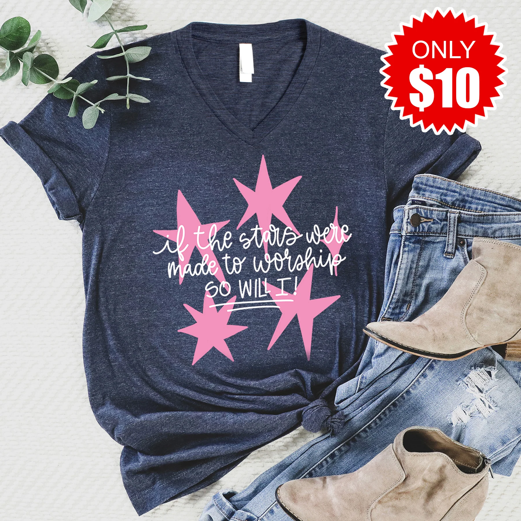Stars Were Made To Worship V-Neck - Heather Navy - 10